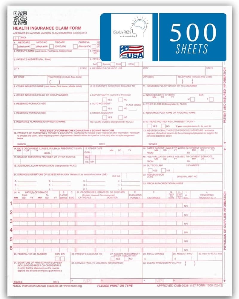 Amazon CMS 1500 Claim Forms 500 Sheets New Version HCFA 