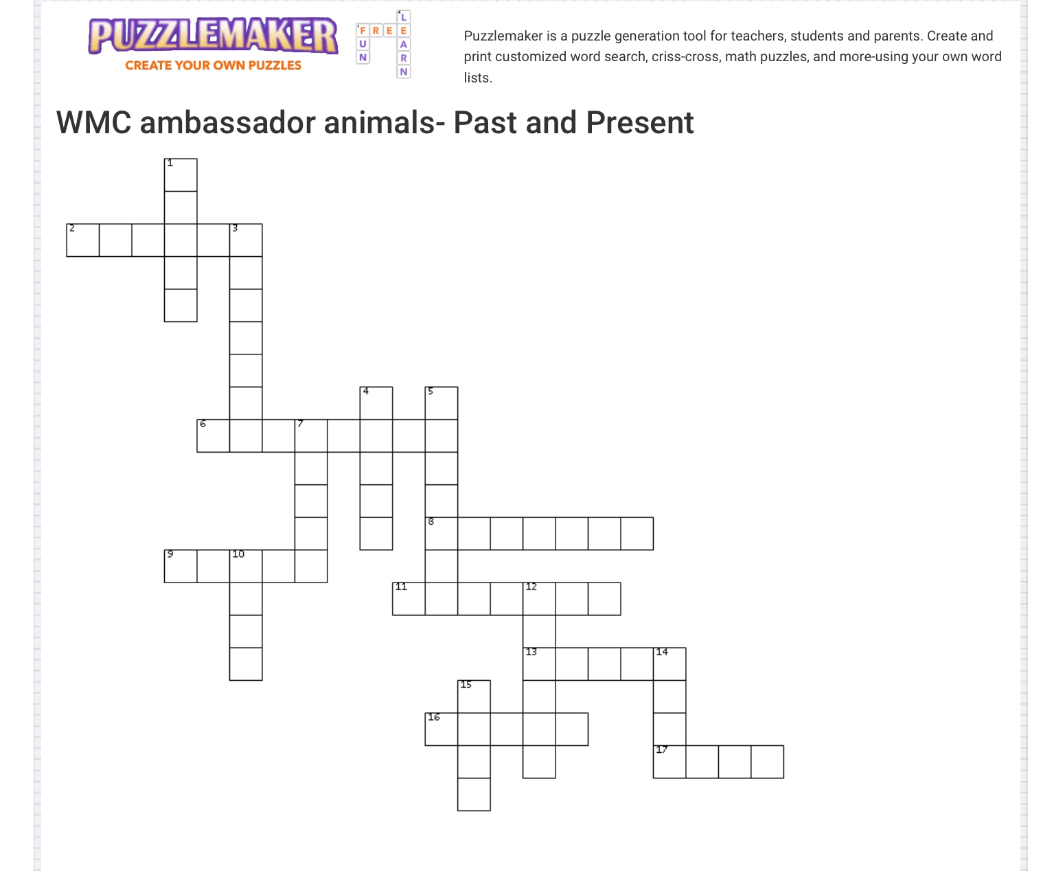 Free Crossword Puzzles On Animals