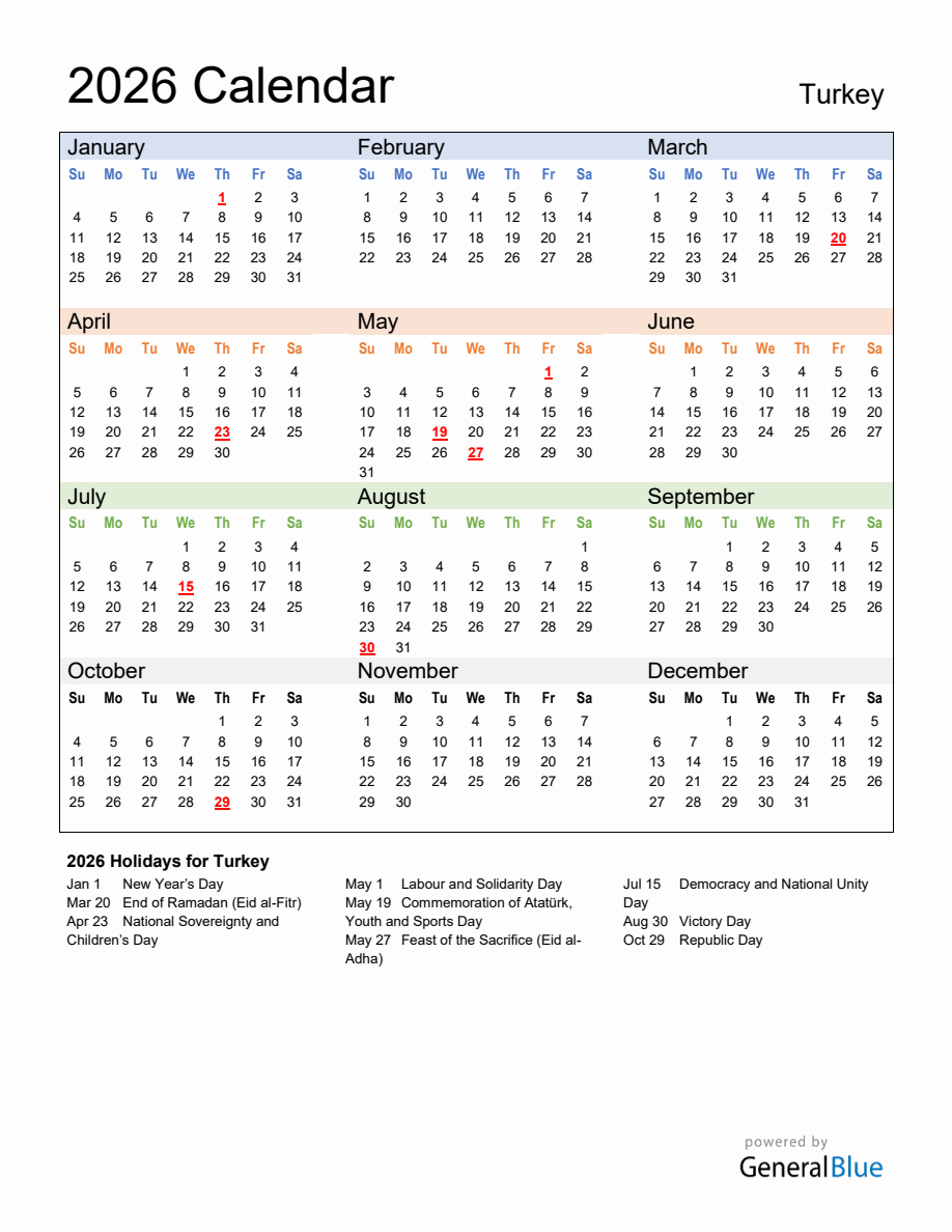 Free Printable Turkey November 2026 Calendar