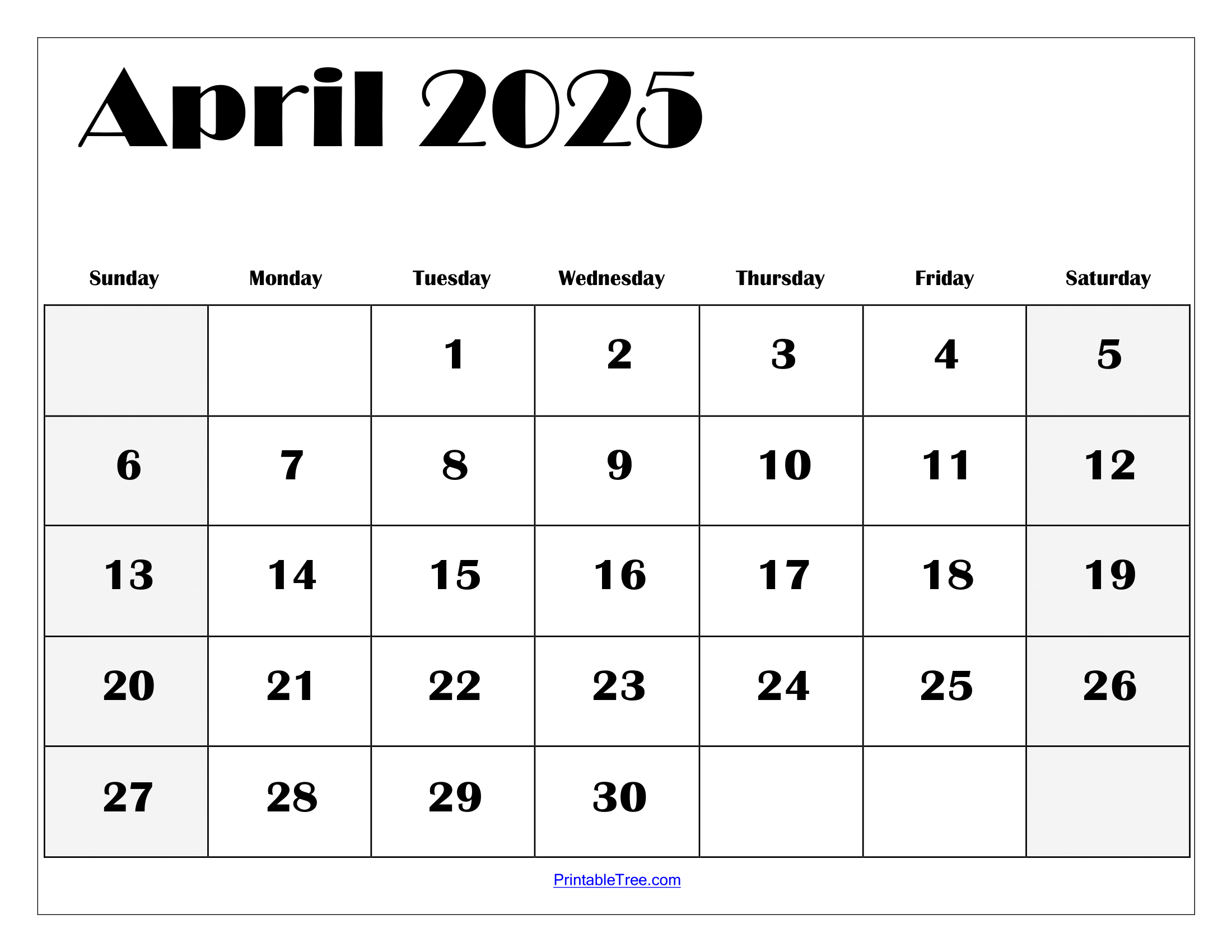 April Calendar Blank Printable