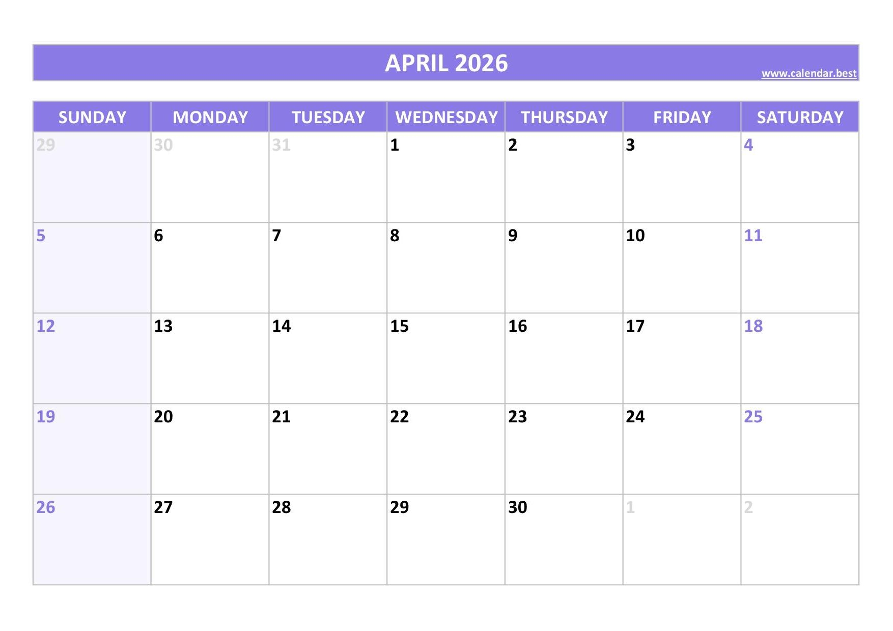 Blank Calendar Printable April 2026