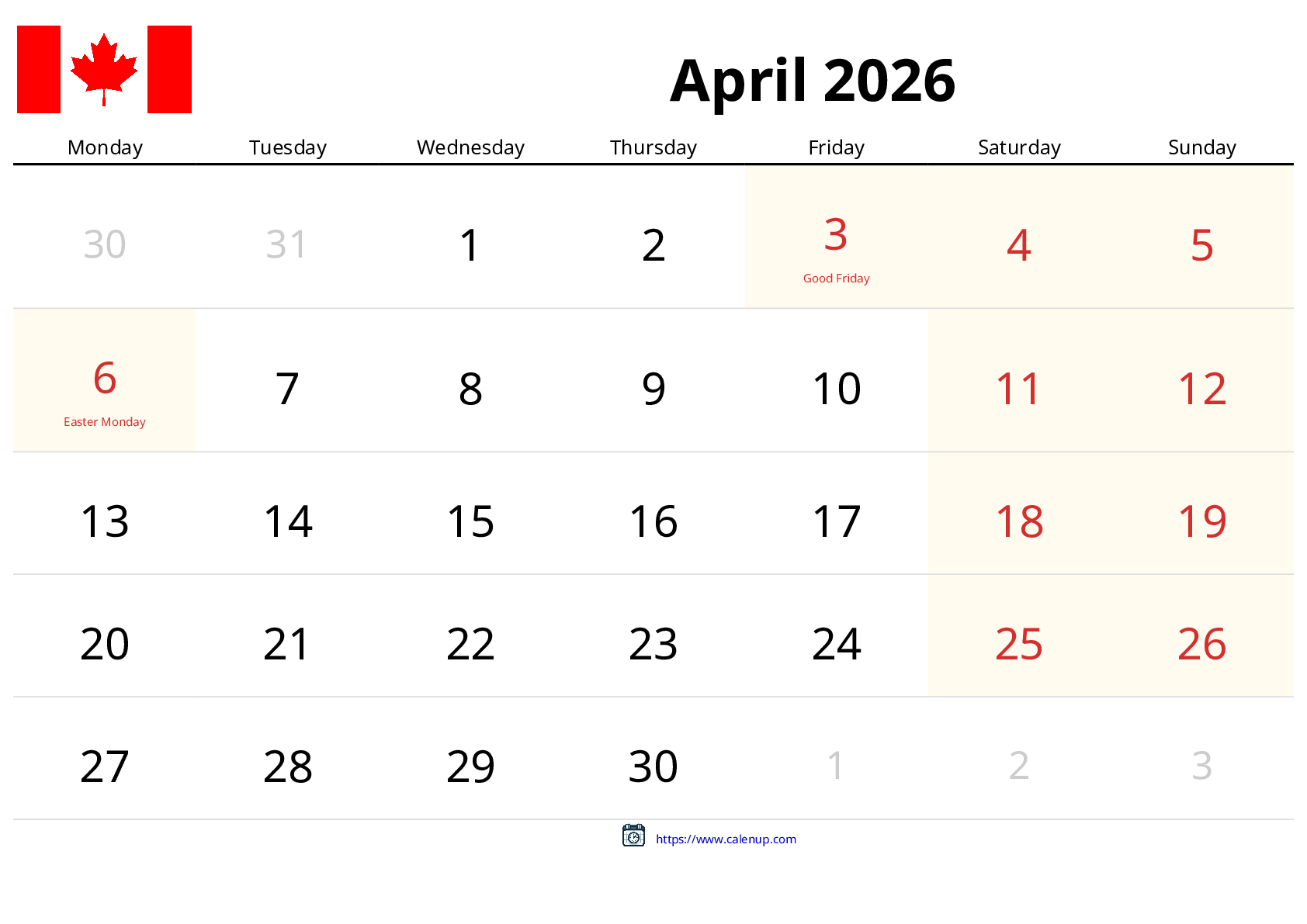 April 2026 Calendar Canada Holidays And Events Of The Month 