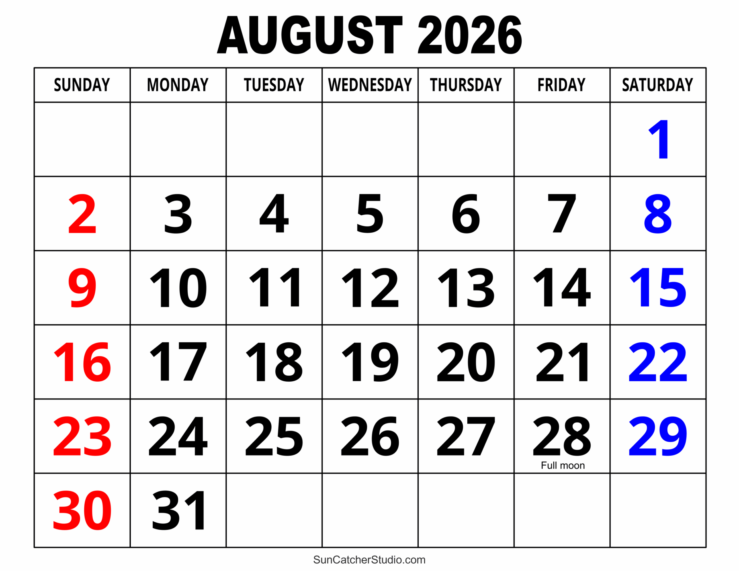 Blank Calendar August 2026 Free Printable