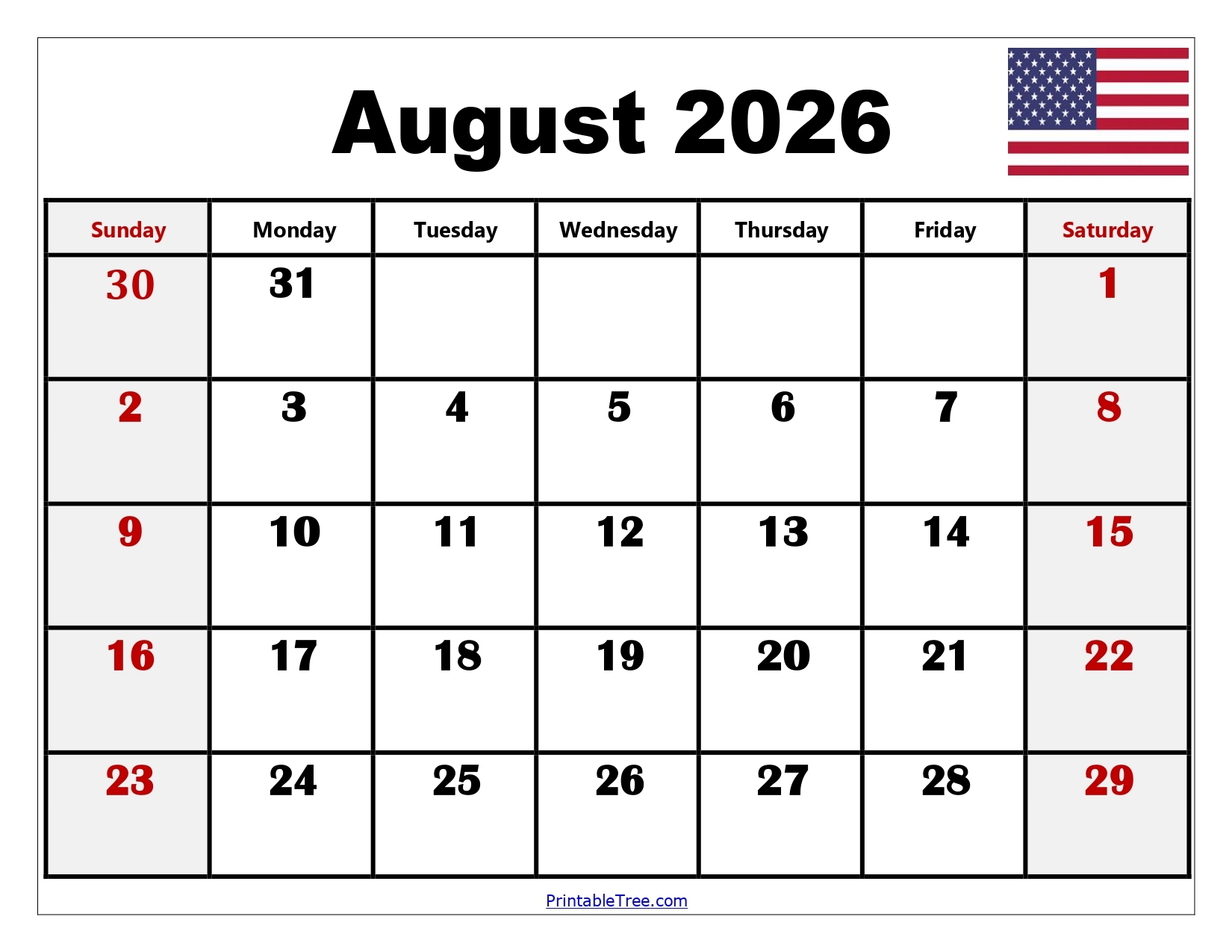 Free Printable August Calendar 2026