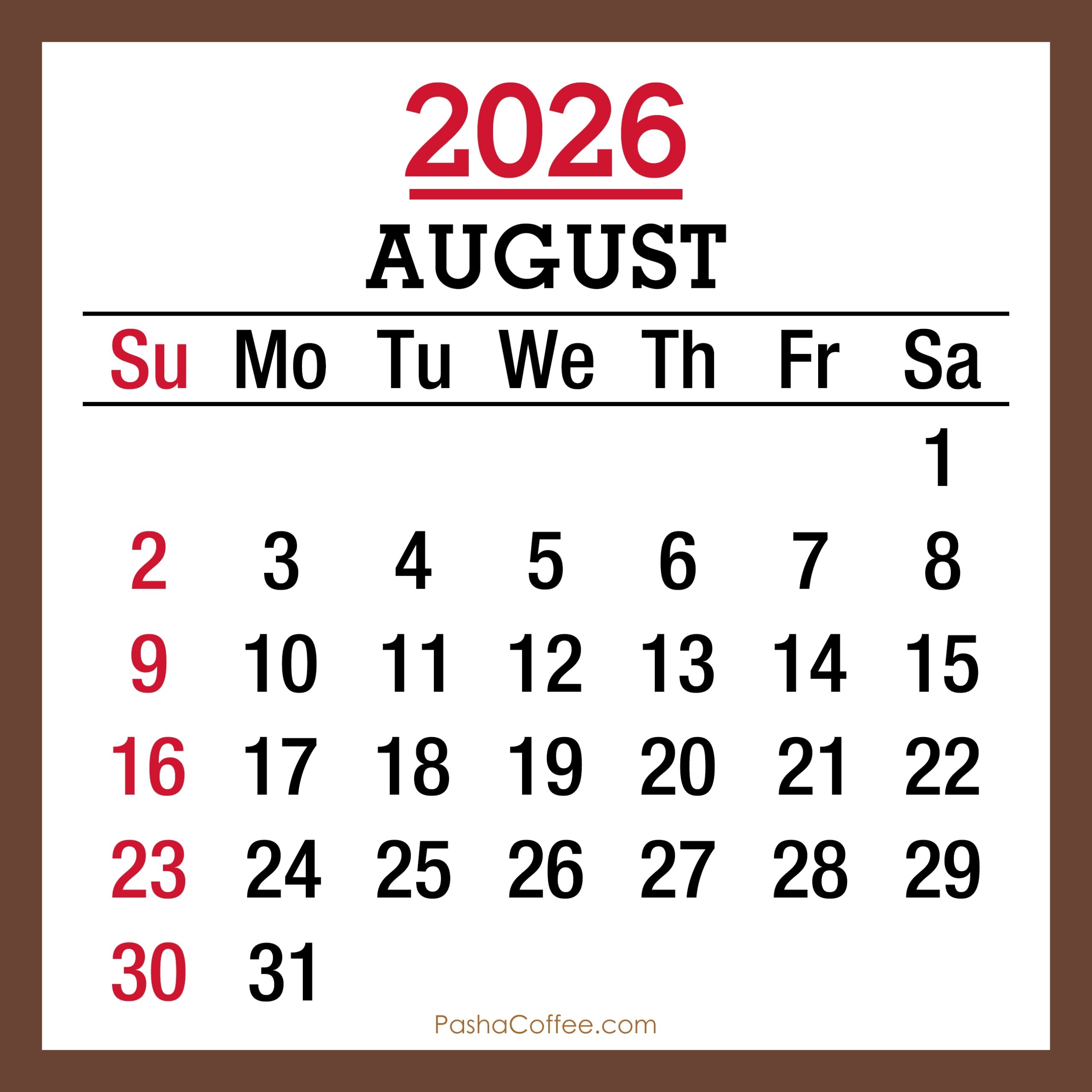 August 2026 Monthly Calendar With Holidays Printable Free Sunday 