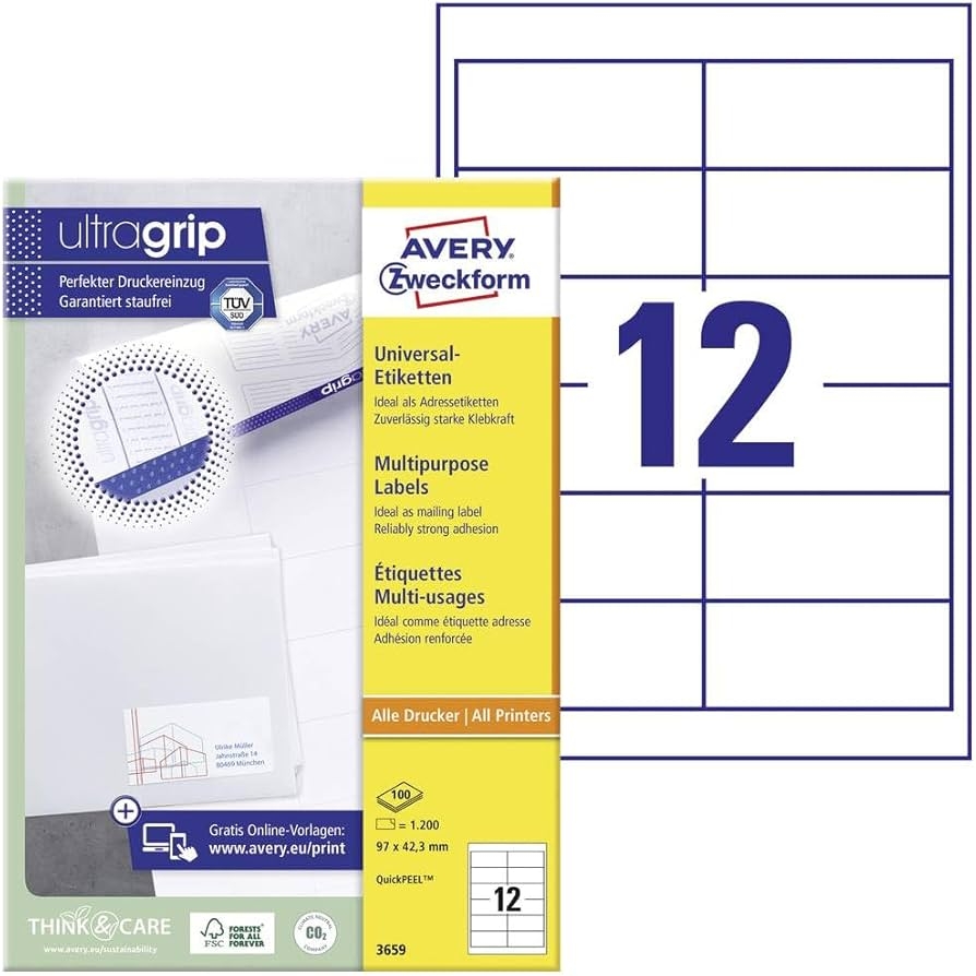 AVERY Zweckform 3659 Adressaufkleber 1 200 Klebeetiketten 97x42 3mm Auf A4 Papier Matt Bedruckbare Absenderetiketten Selbstklebende 