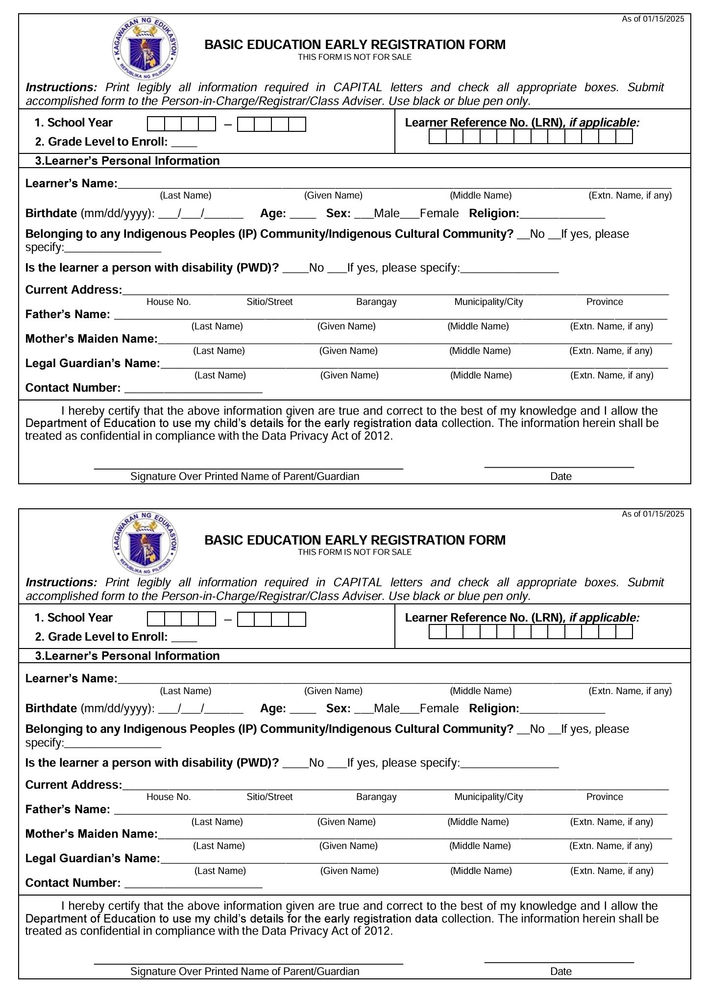 BASIC EDUCATION EARLY REGISTRATION FORM SY 2025 2026 DepEd Click