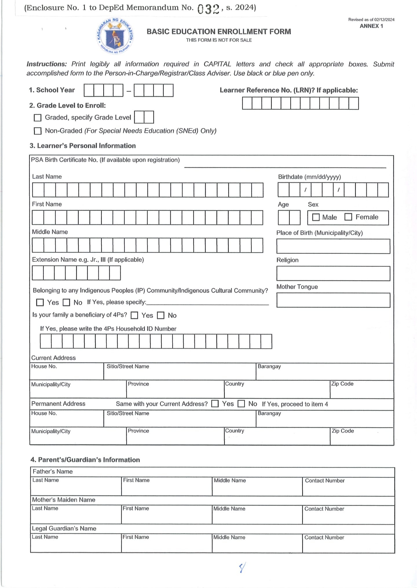 Basic Education Enrollment Form SY 2024 2025 Ready To Print 