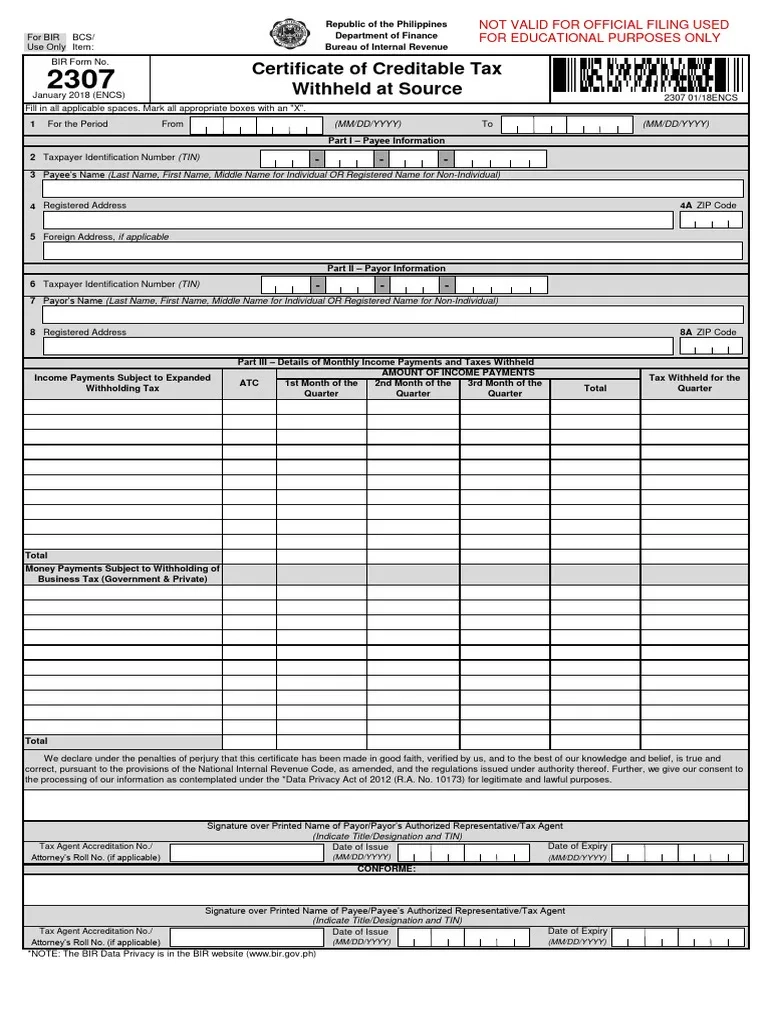 BIR Form 2307 Tax Withholding Certificate PDF Value Added Tax 