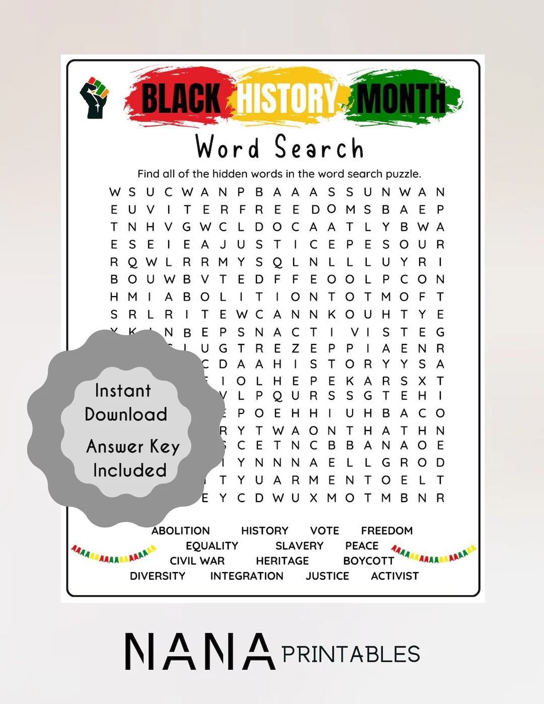 Black History Word Search Game Educational Kids Activity 