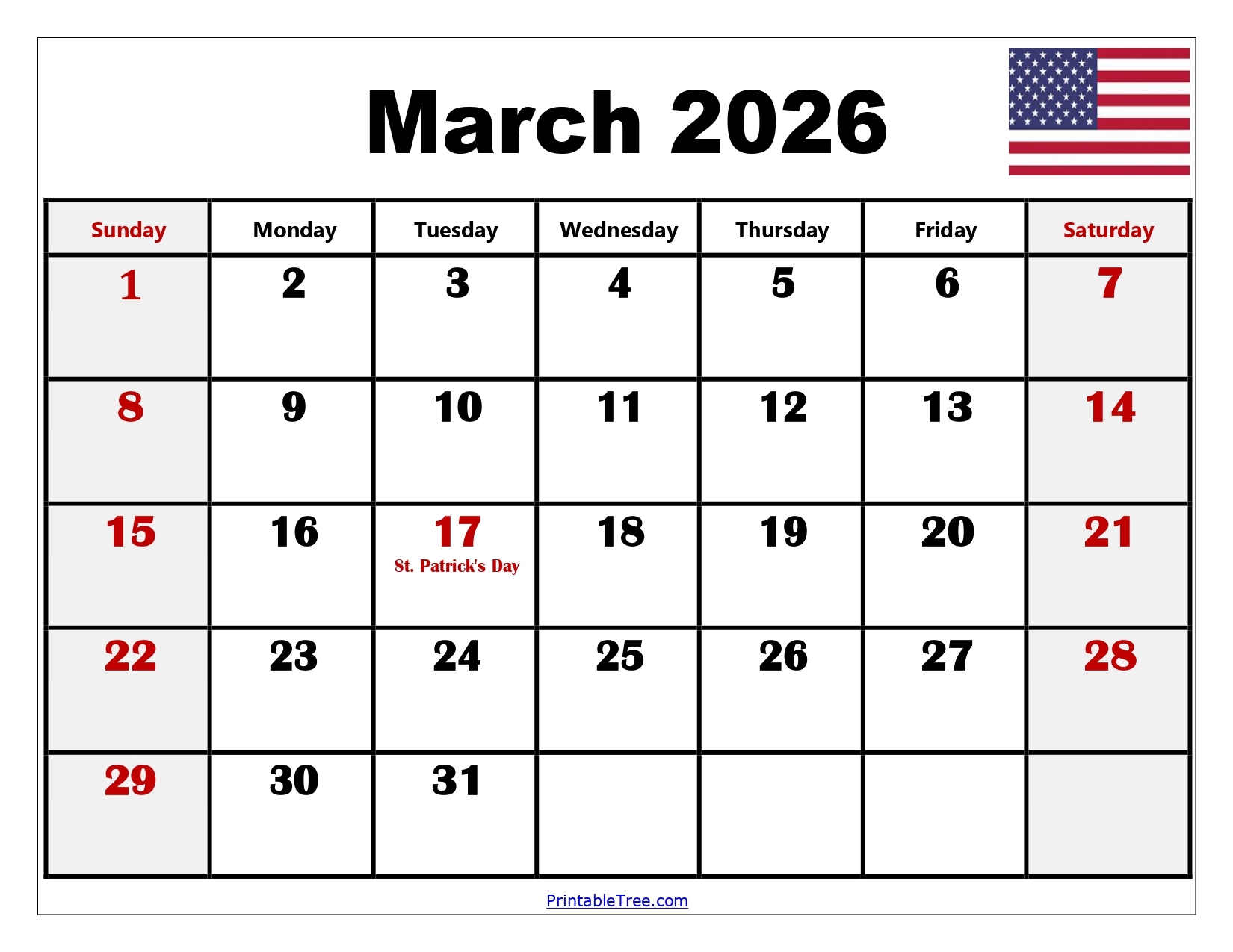 Blank Calendar 2026 March Printable
