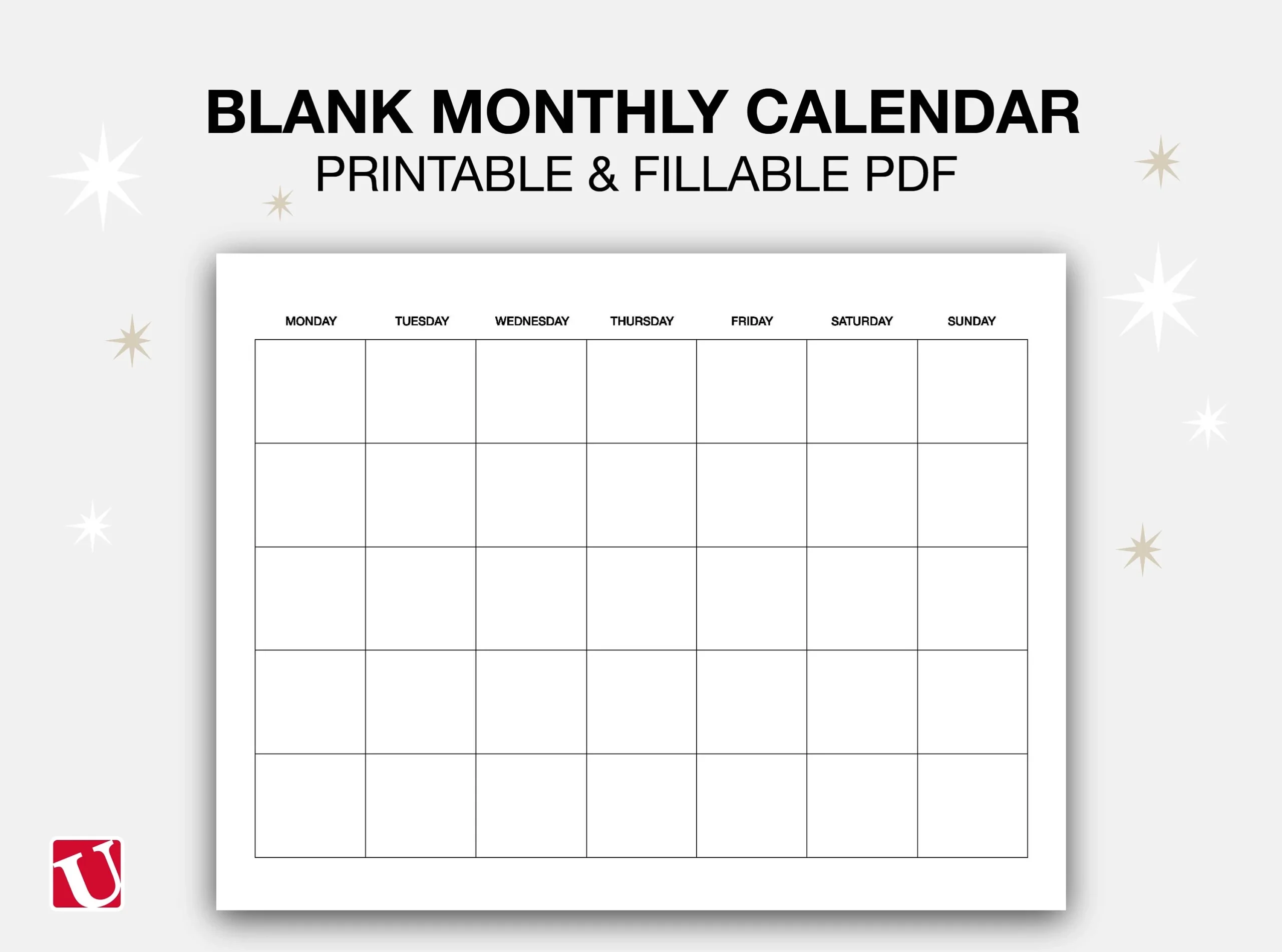 Blank Monthly Printable Calendar Undated Minimalist Calendar 