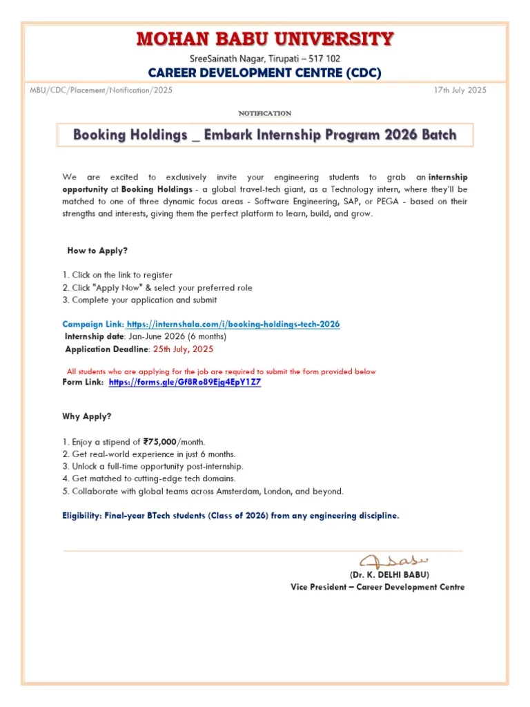 Booking Holdings Embark Internship Program 2026 Batch 