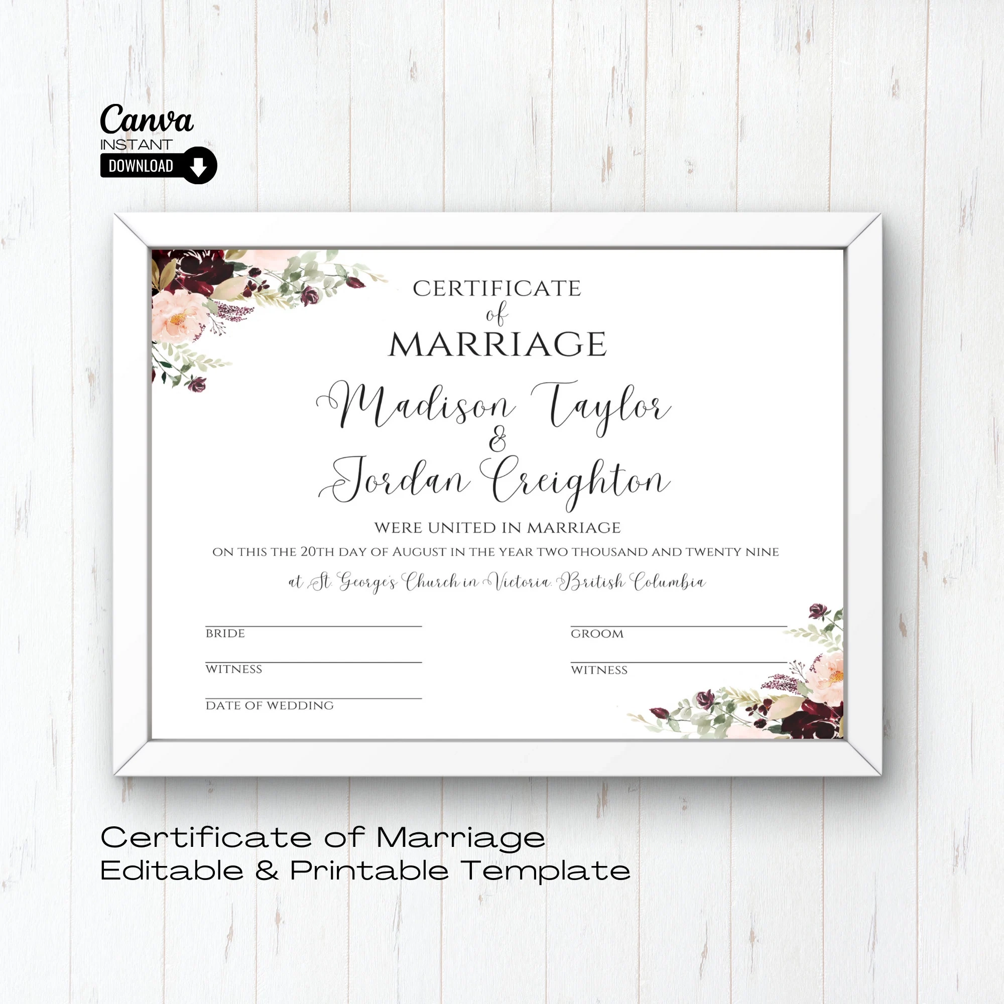 Botanical Wedding Certificate Template Printable Marriage 