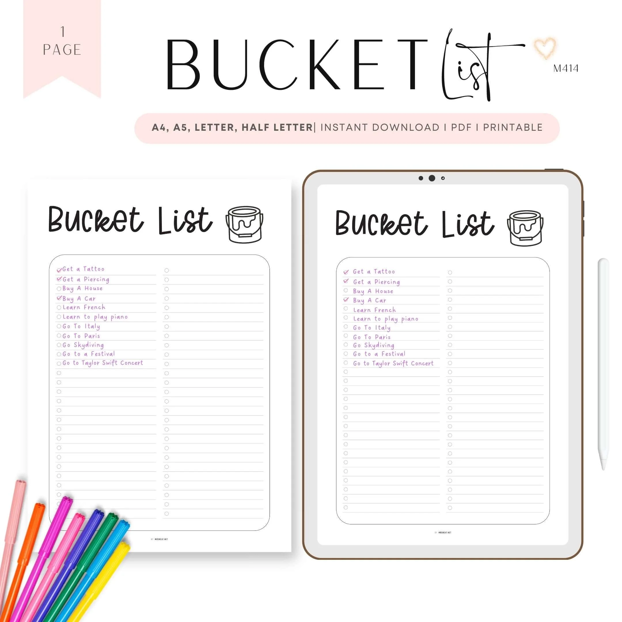 Cute Printable Bucket List Template