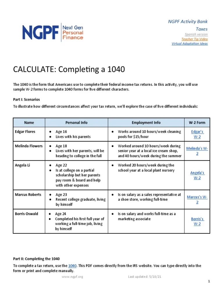 Calculate Completing A 1040 1 PDF Irs Tax Forms Audit