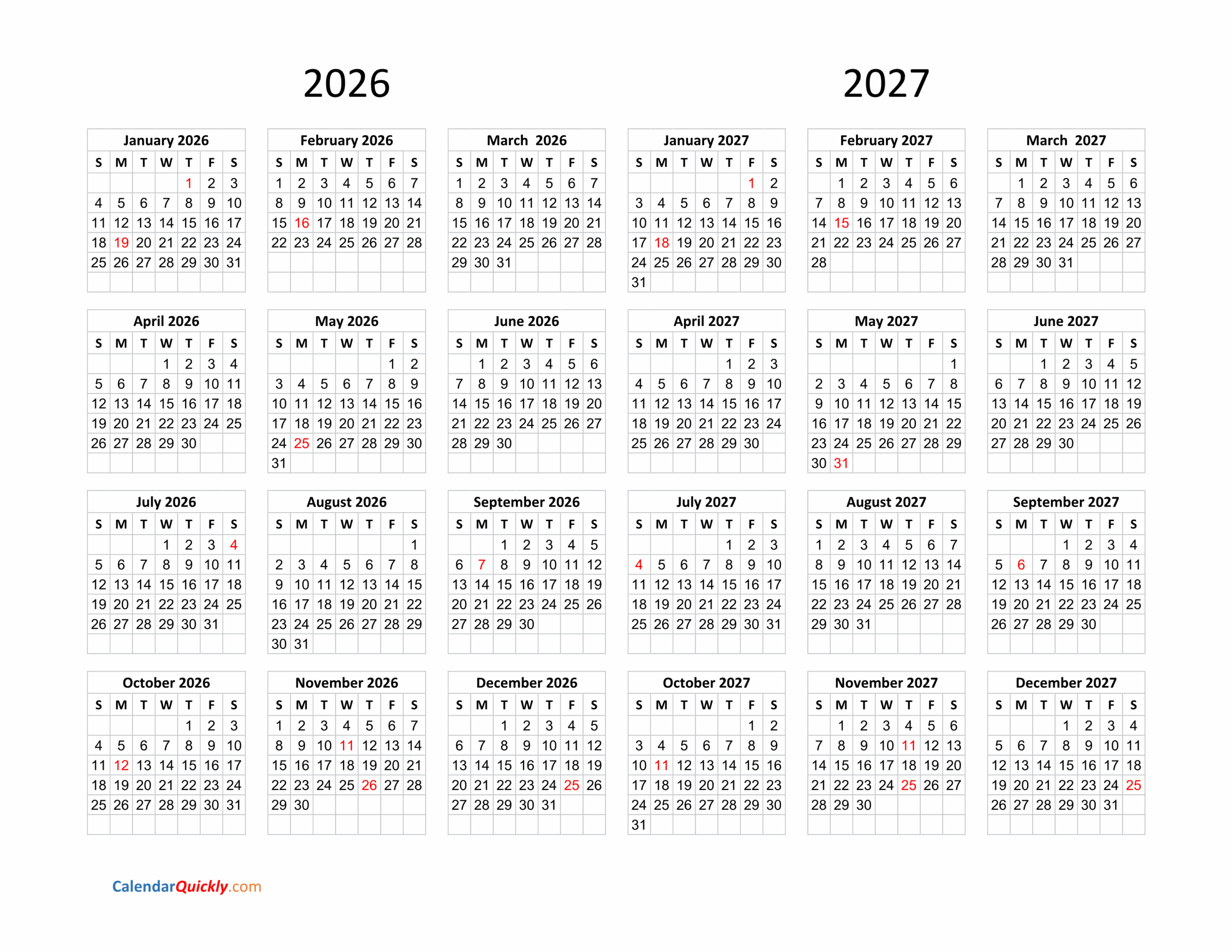 Calendar 2026 And 2027 On One Page Calendar Quickly Calendar 2026 And 2027 On One Page Calendar Quickly
