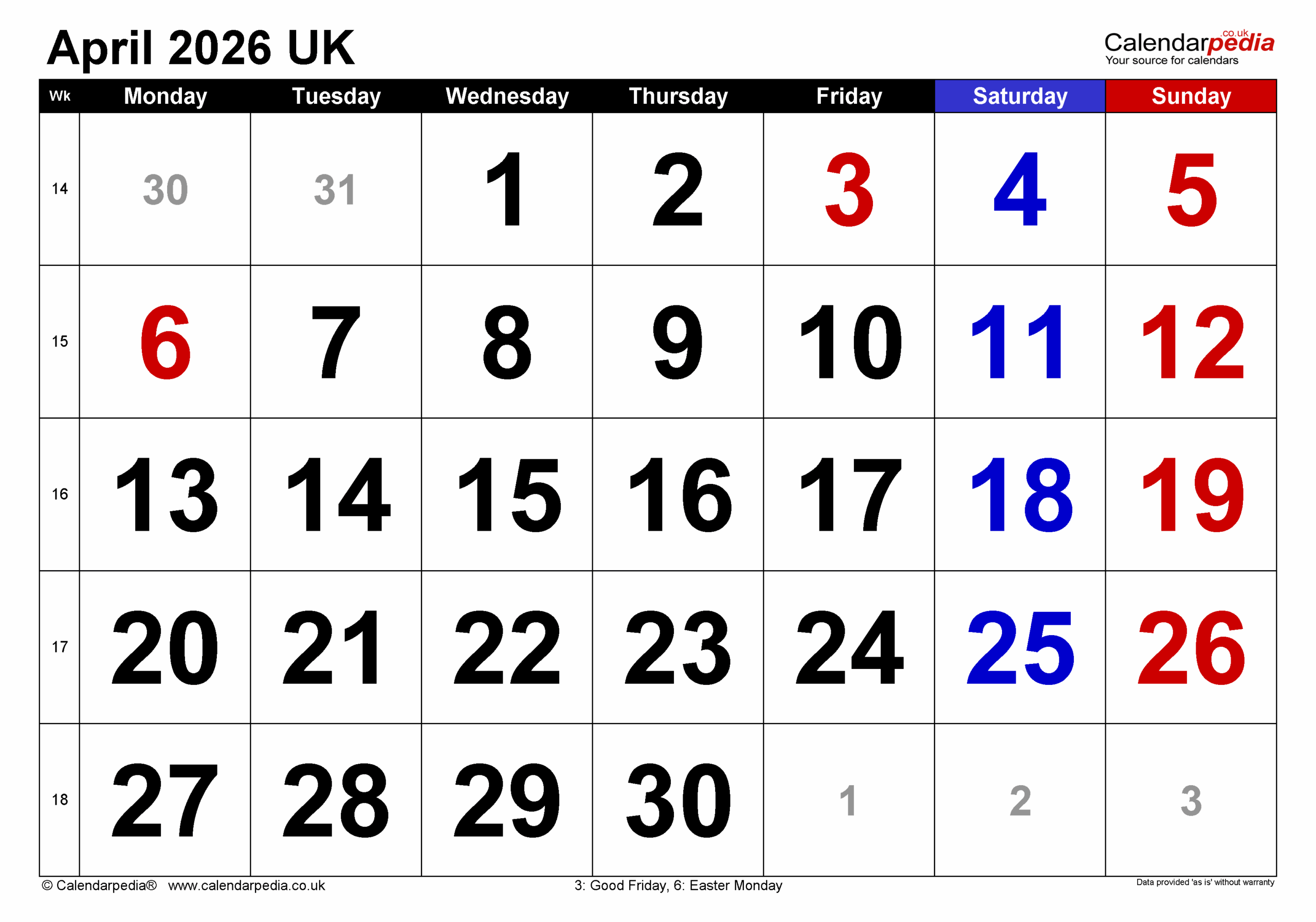 Calendar Template April 2026 Printable