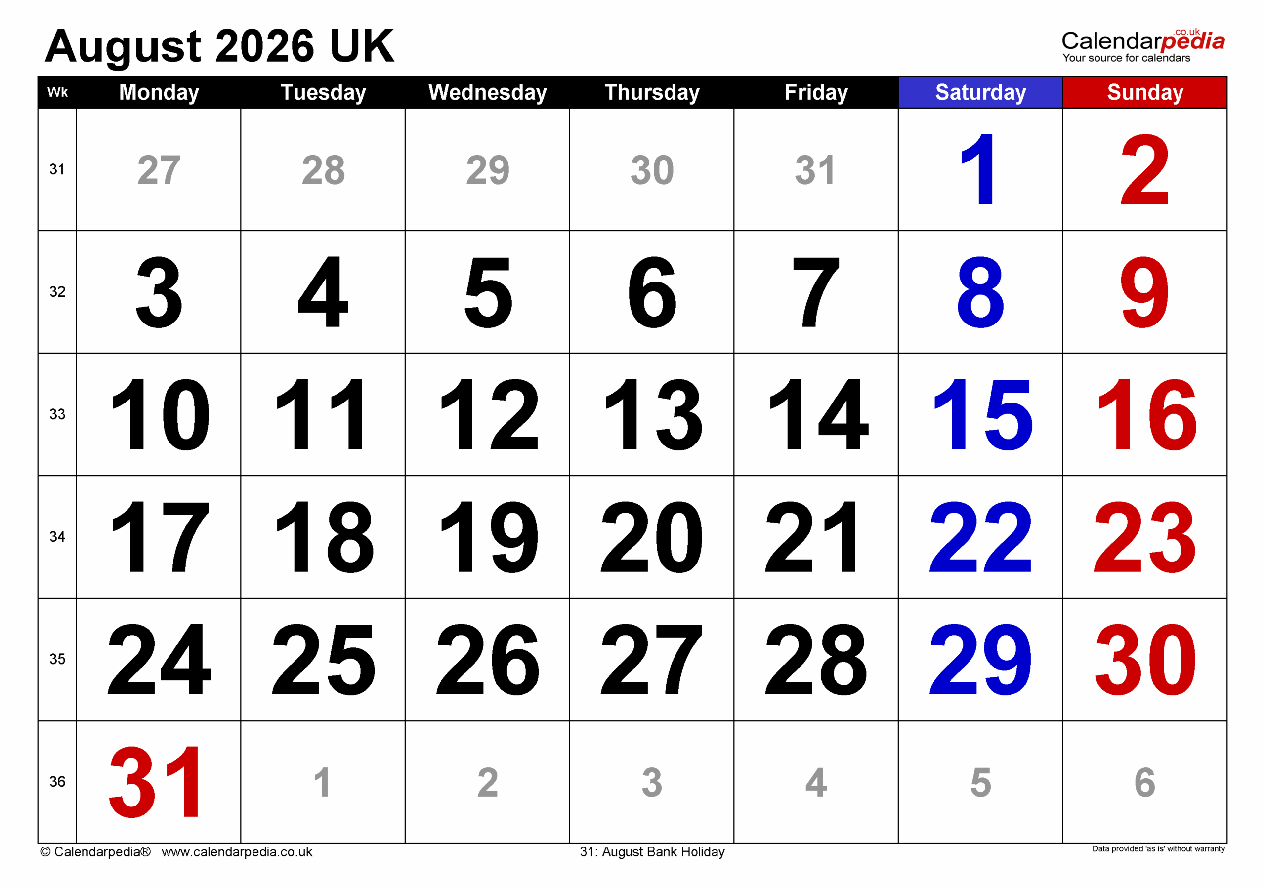 Blank August Calendar Printable 2026