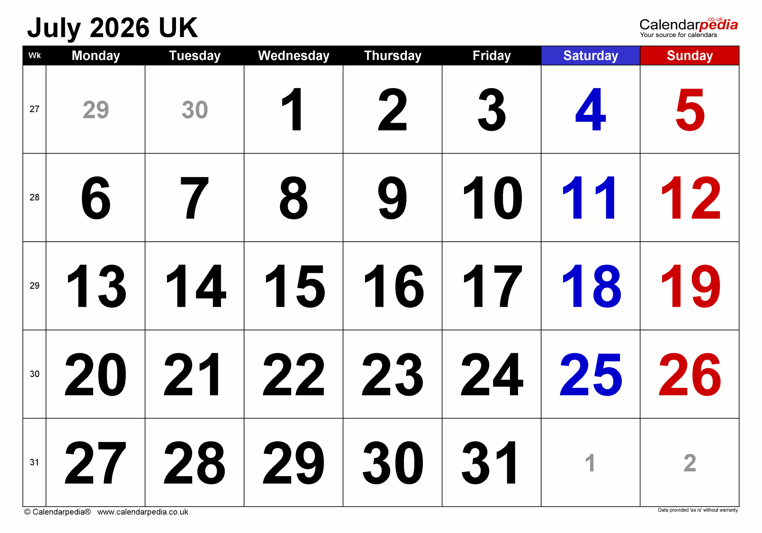 Blank Printable Calendar 2026 July
