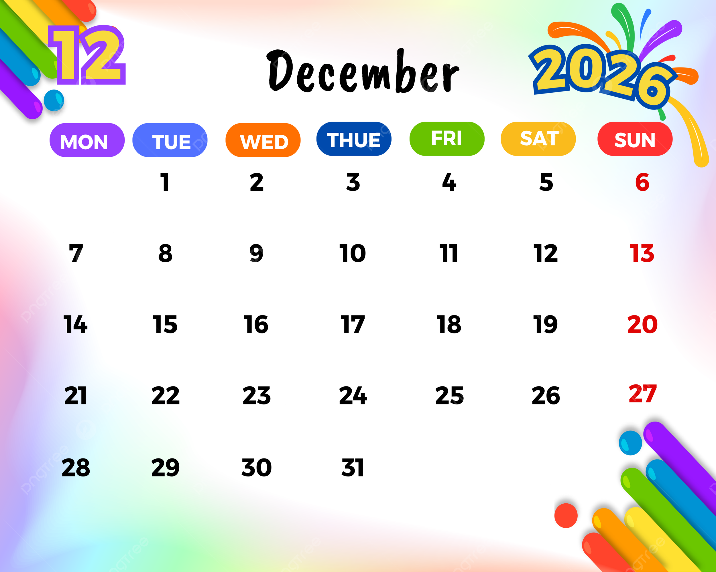 December 2026 Calendar Printable For Kids
