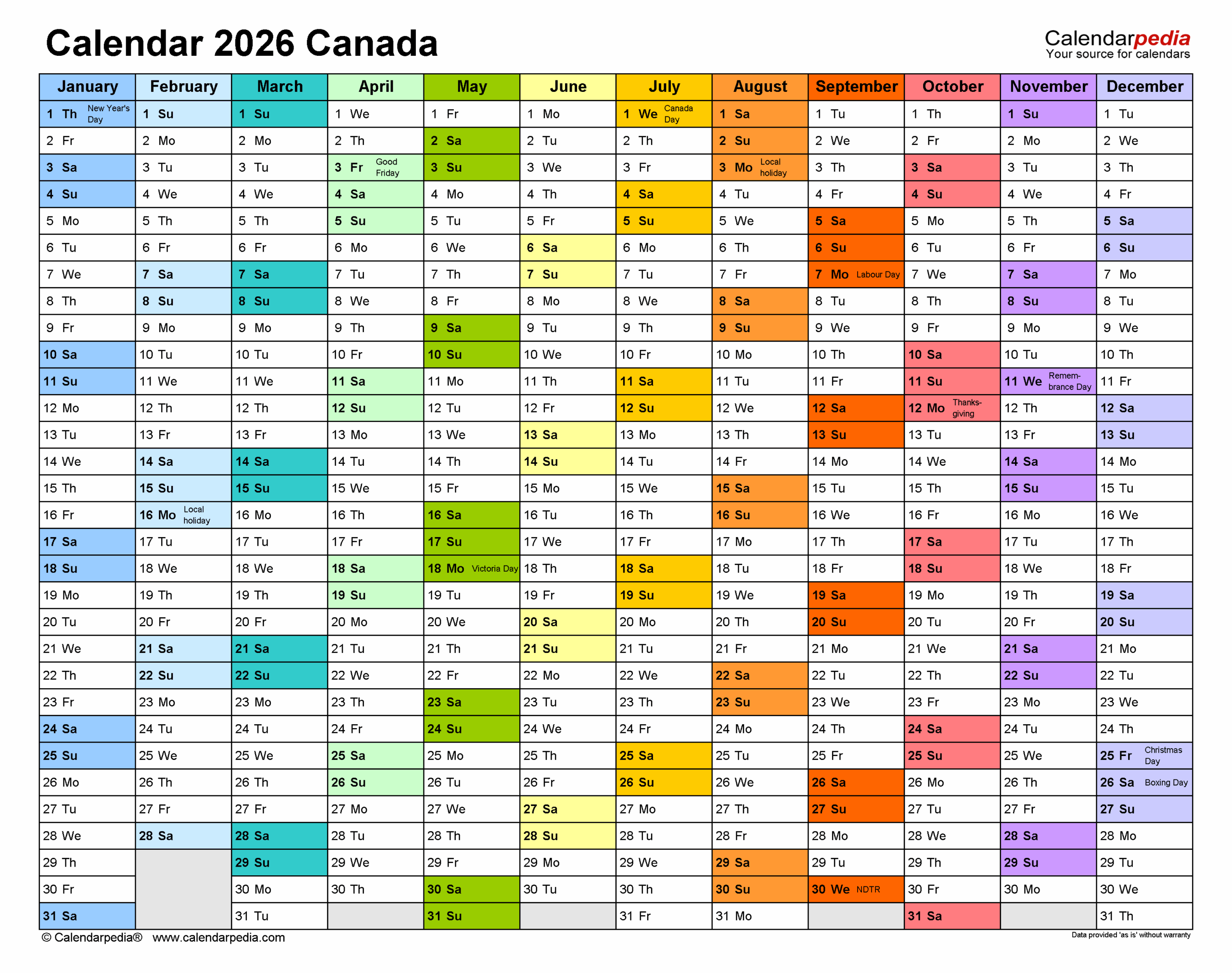 August 2026 Calendar Canada