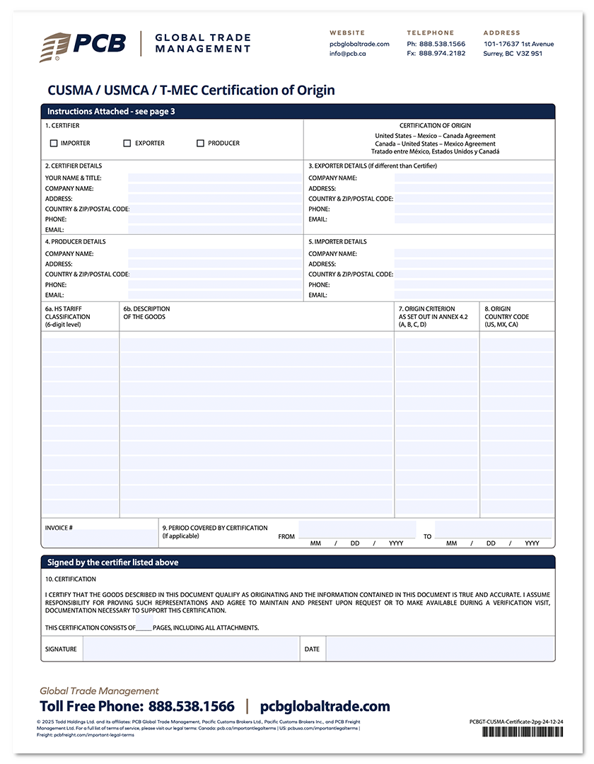 Canada Customs Forms amp Certificates Of Origin PCB