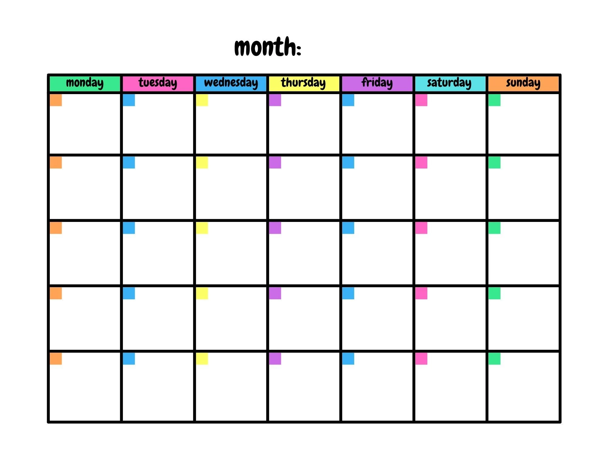 Colourful Blank Calendar Template 11 X 8 5 Inches Horizontal Colourful Blank Calendar Template 11 X 8 5 Inches Horizontal
