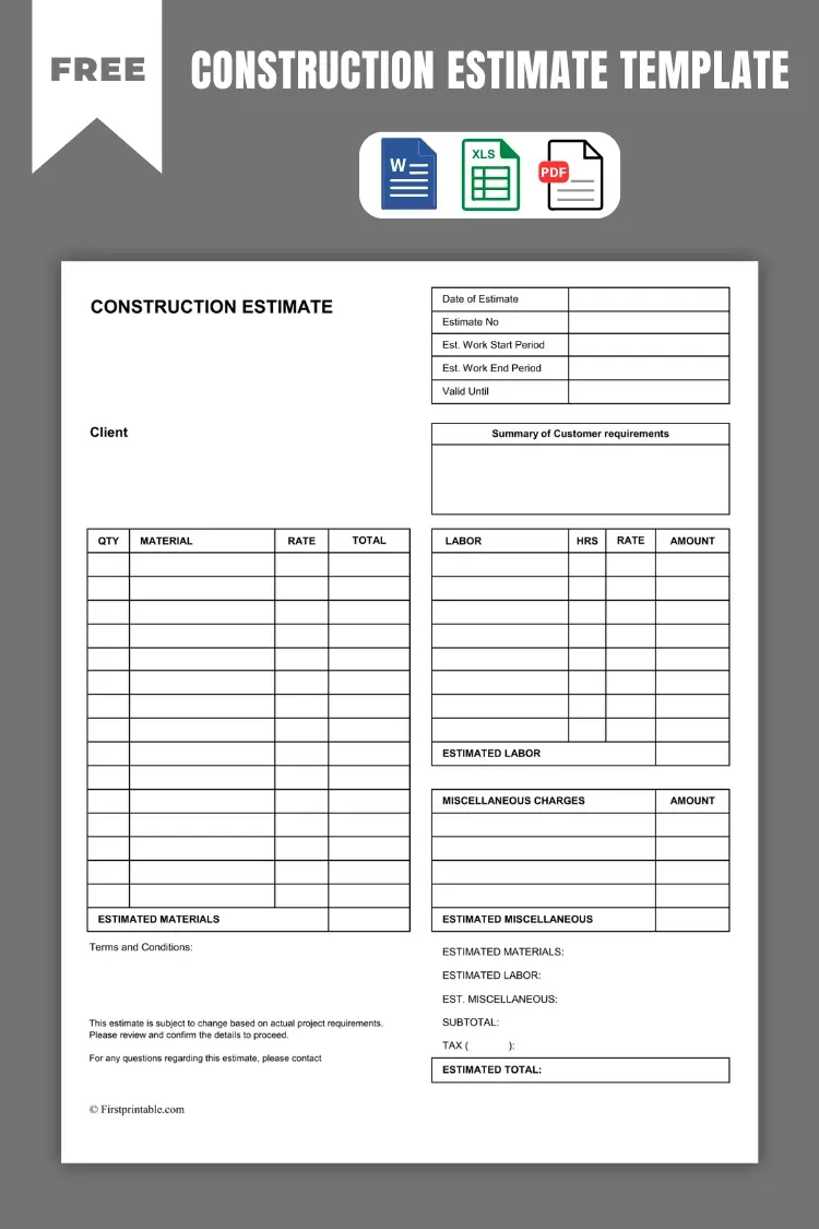 Construction Estimate Template Word Excel amp PDF Format