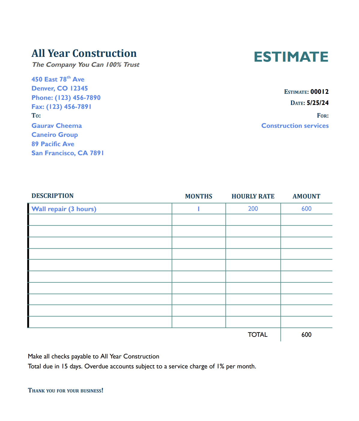 Construction Estimate Templates