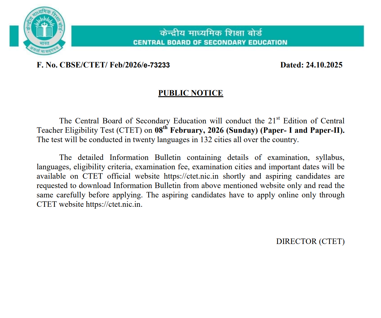CTET 2026 Notification Application Form Exam Dates Eligibility 
