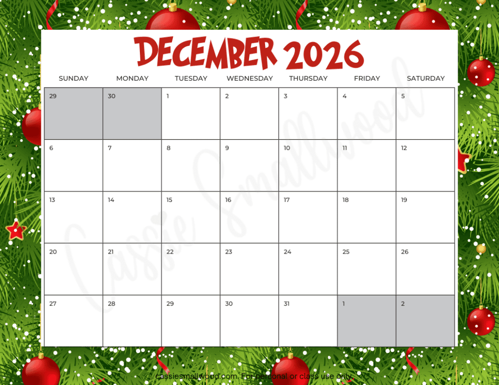 2026 December Calendar Printable