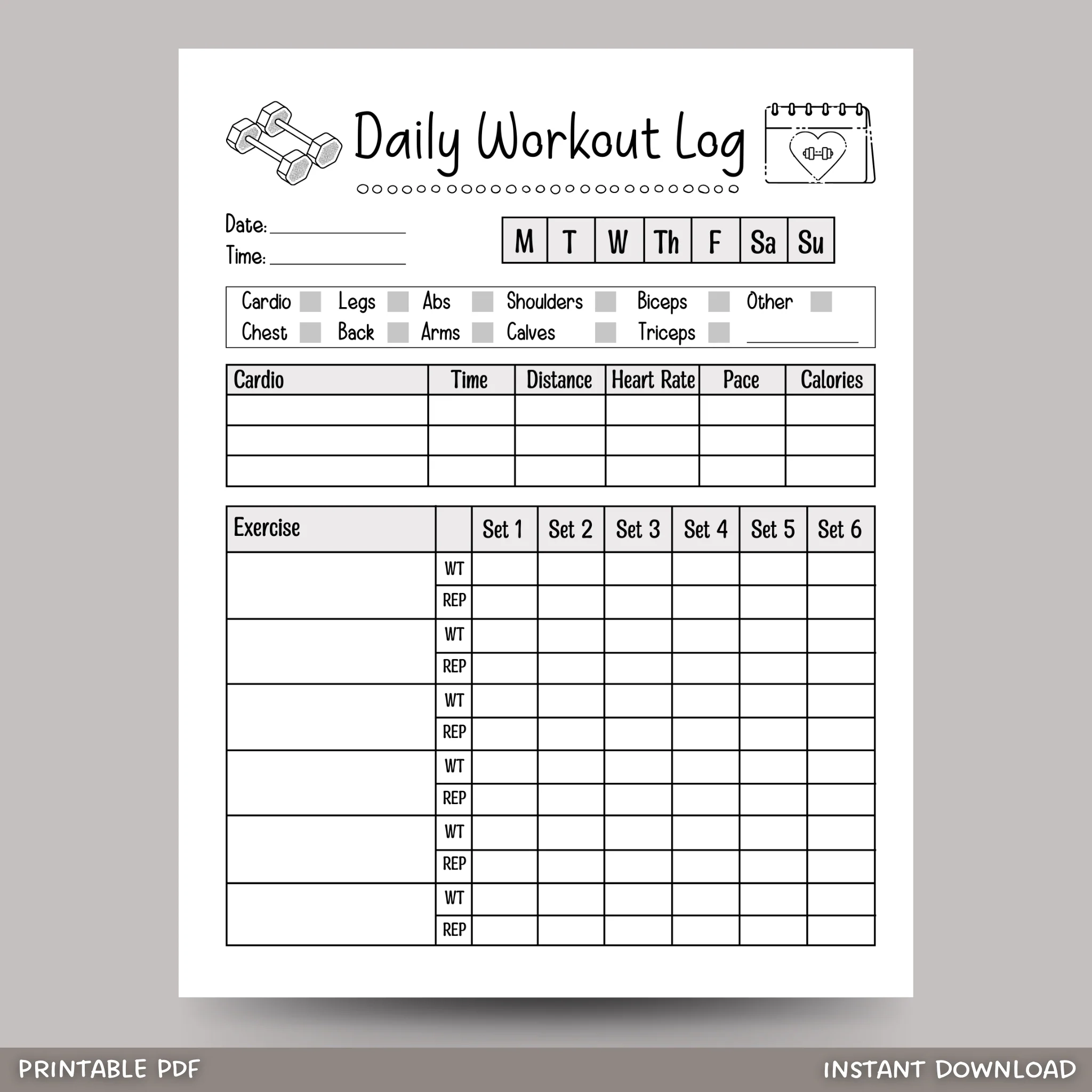Daily Workout Log Printable Exercise Planner Gym Training Tracker 