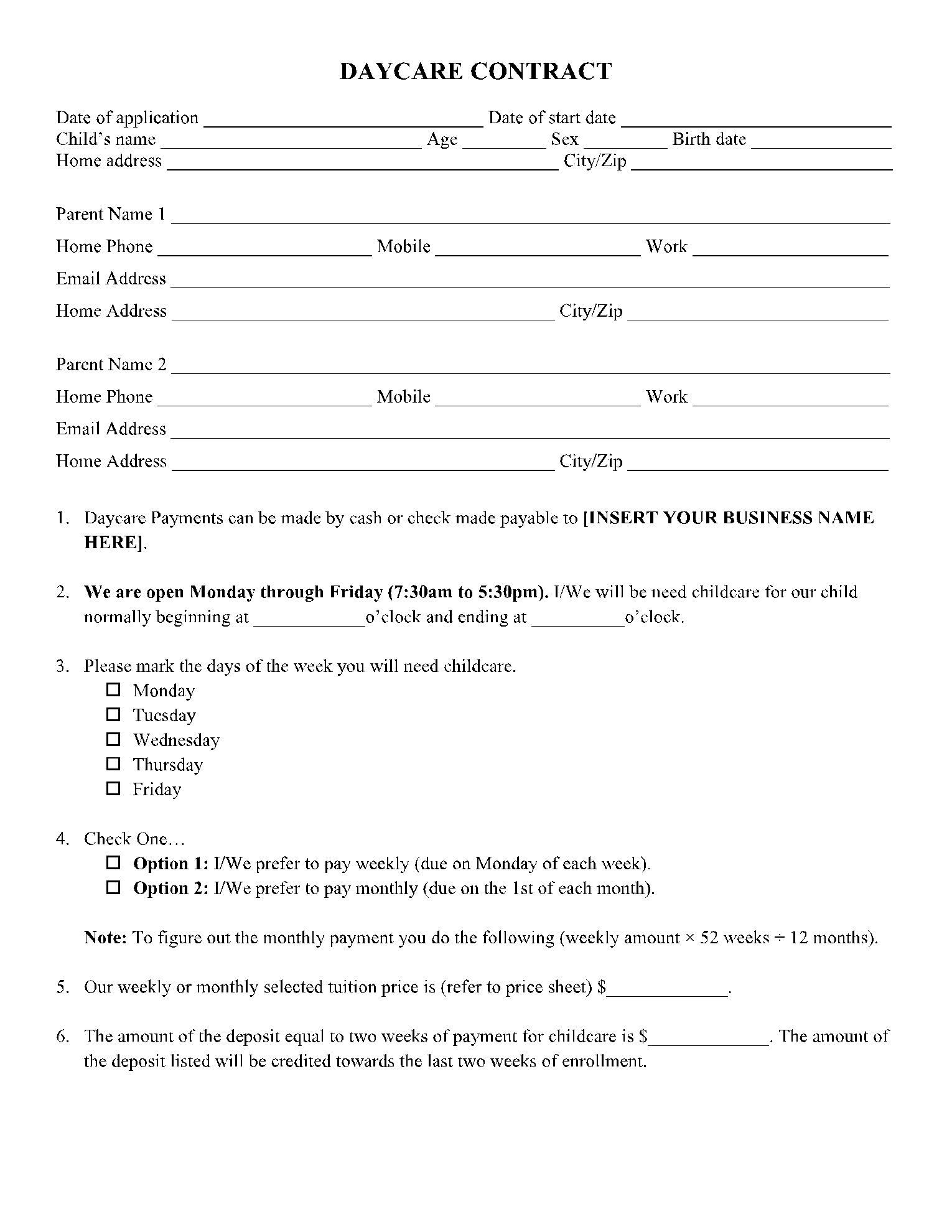 Daycare Contract Template Free PDF Sample CocoDoc