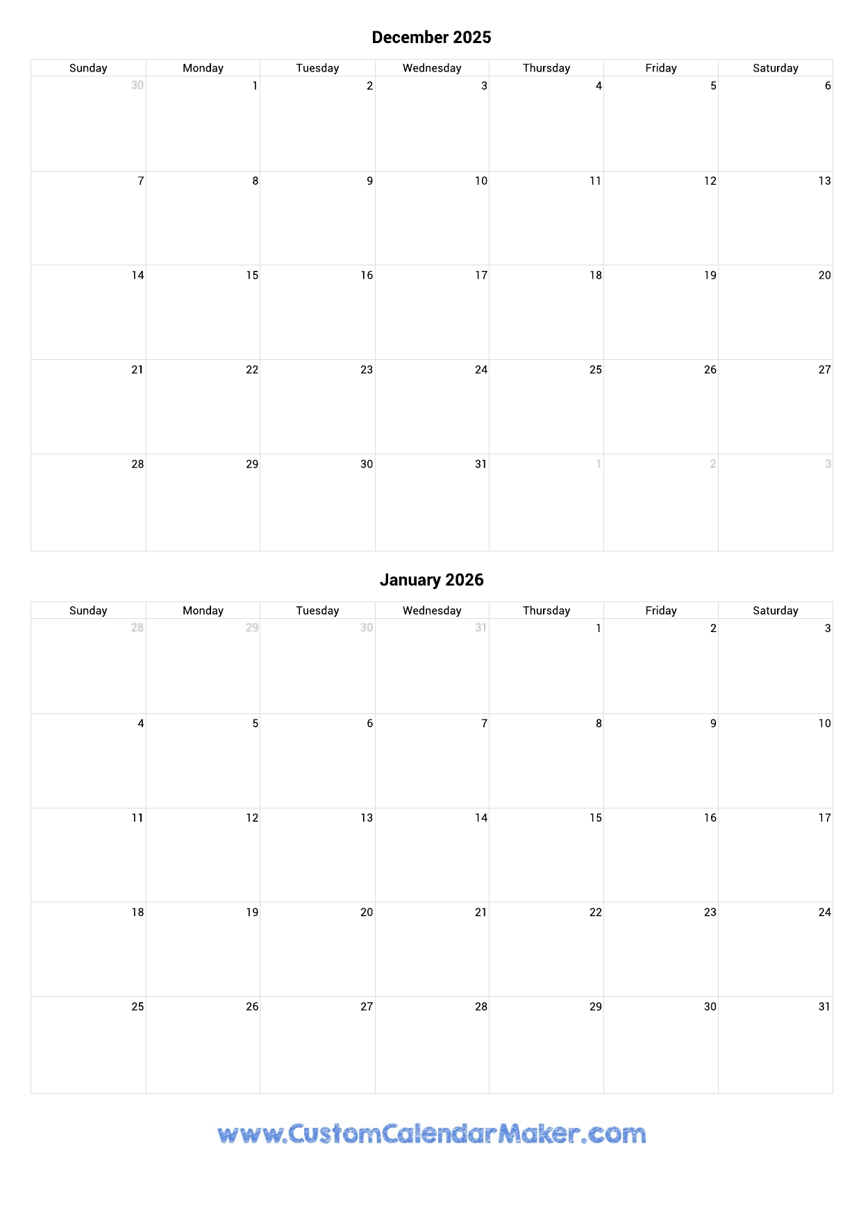 December 2025 And January 2026 Calendar Custom Calendar Maker