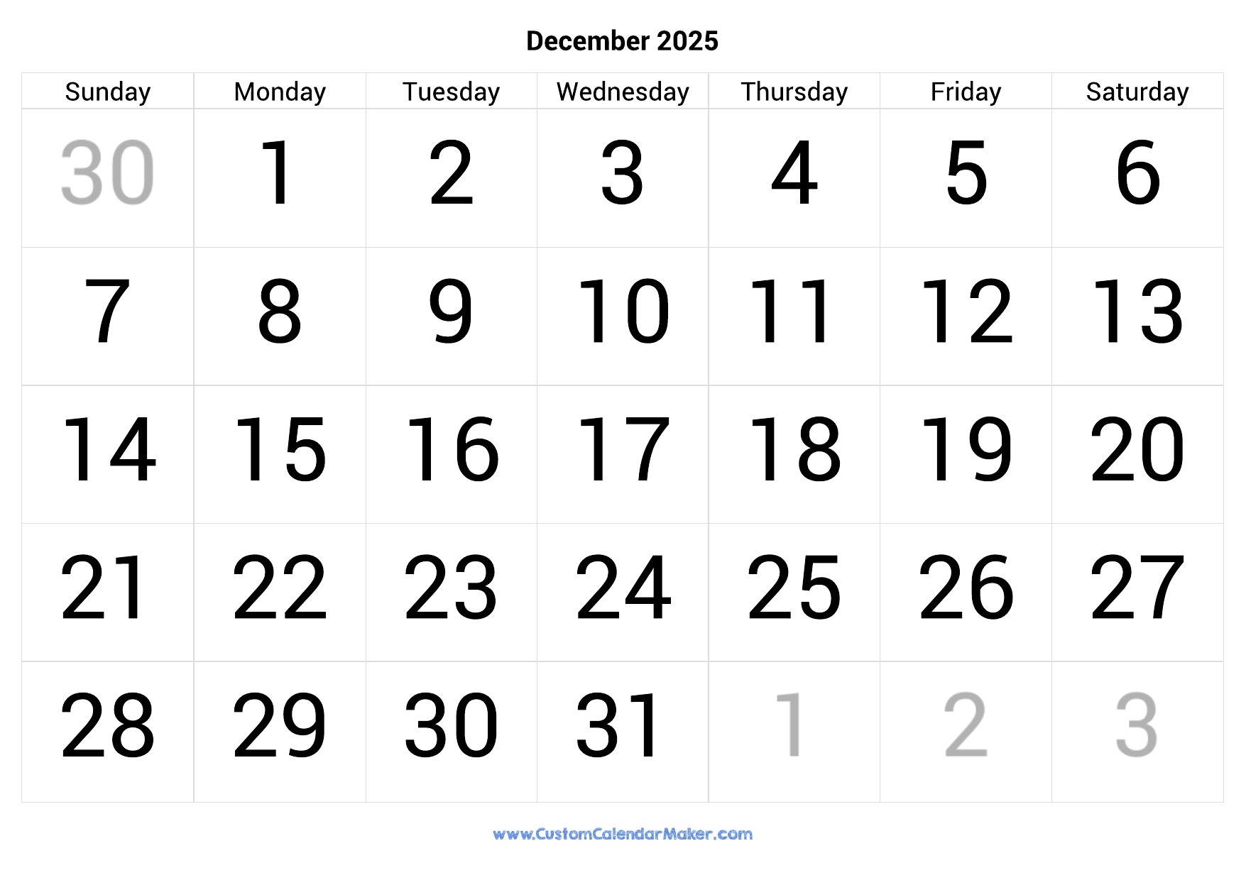 December 2025 Calendar Printable With Large Numbers Custom 