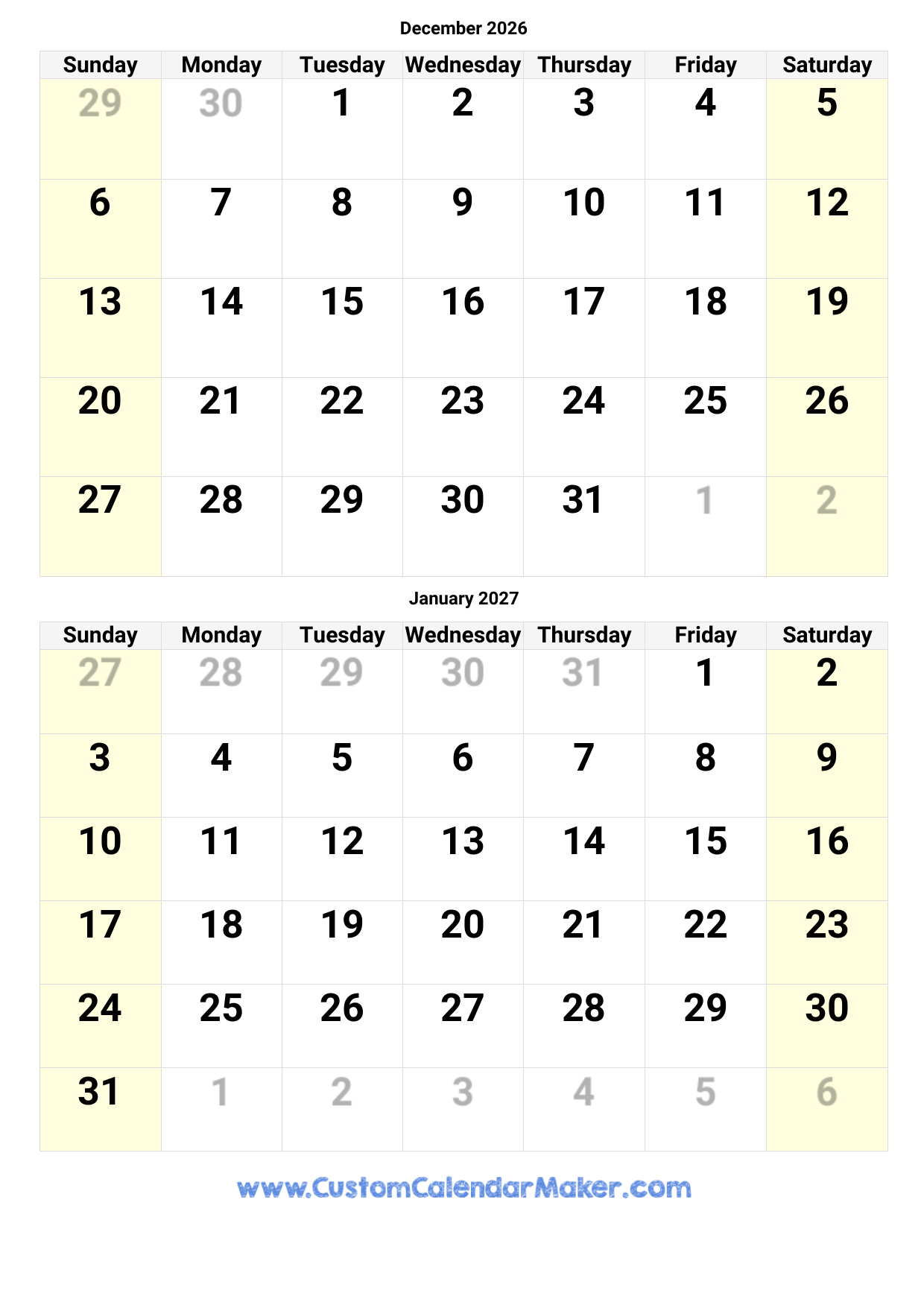 Printable Calendar Templates December 2026