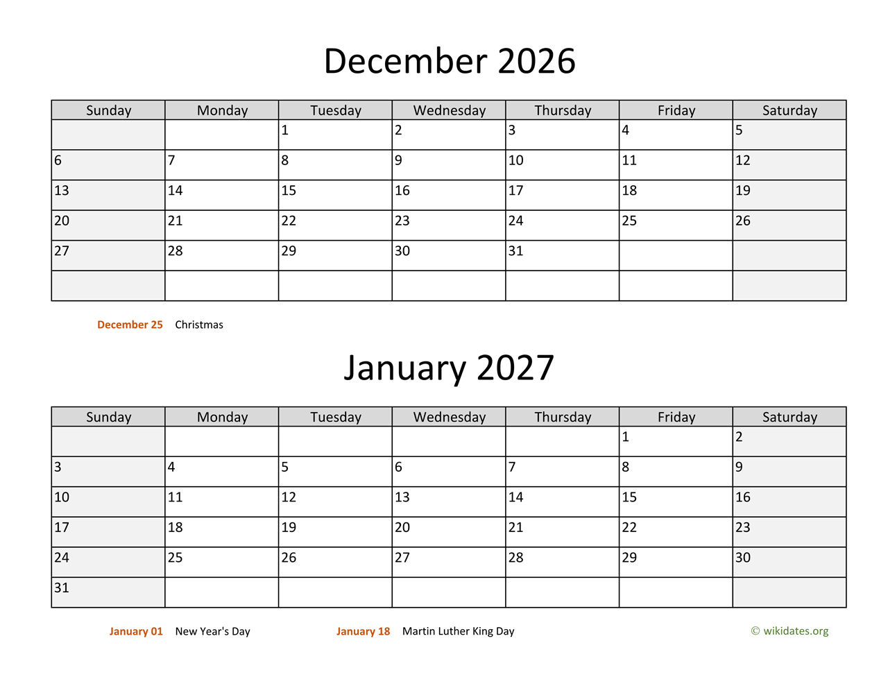 December 2026 And January 2027 Calendar WikiDates