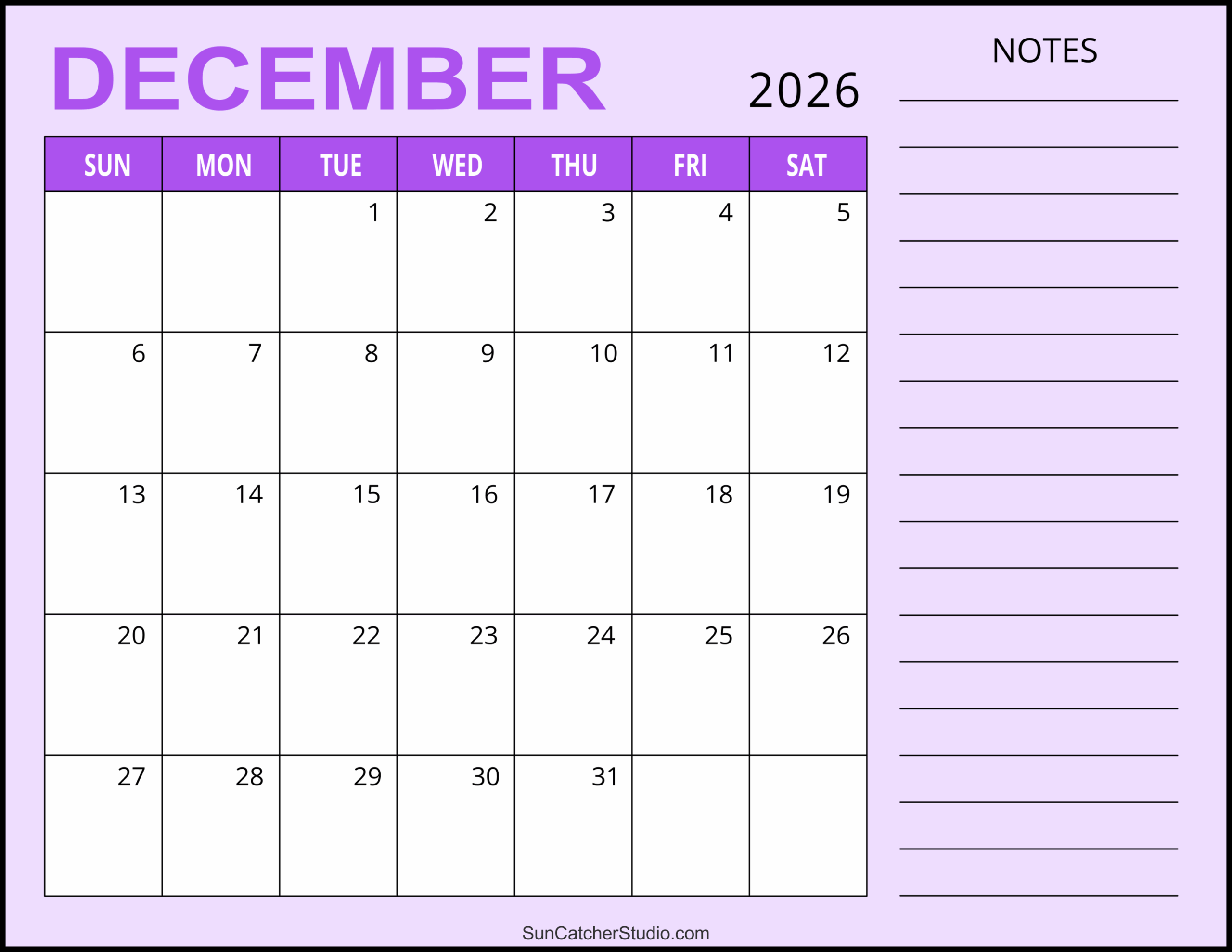 Month Of December Calendar Printable 2026