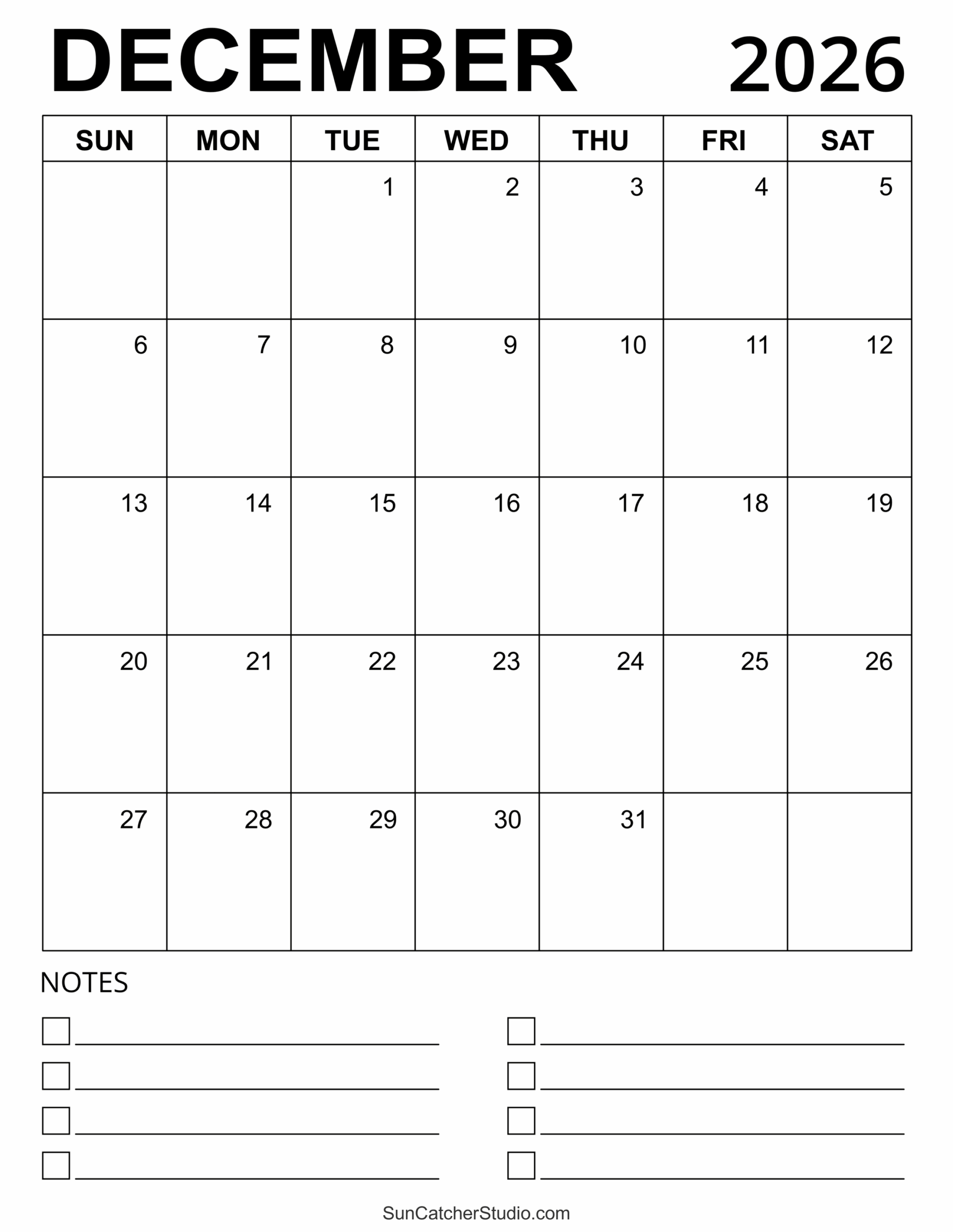 Blank December 2026 Calendar Printable Editable