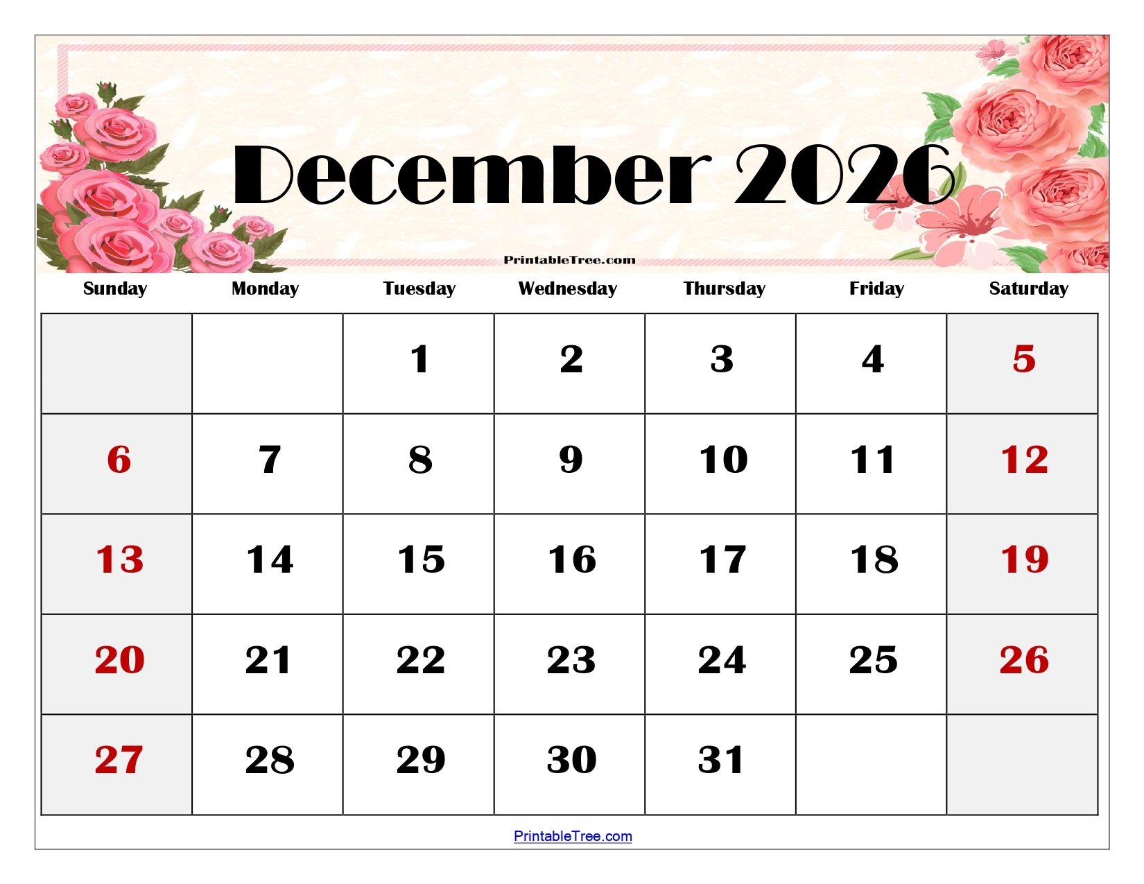 Printable Calendar Of December 2026