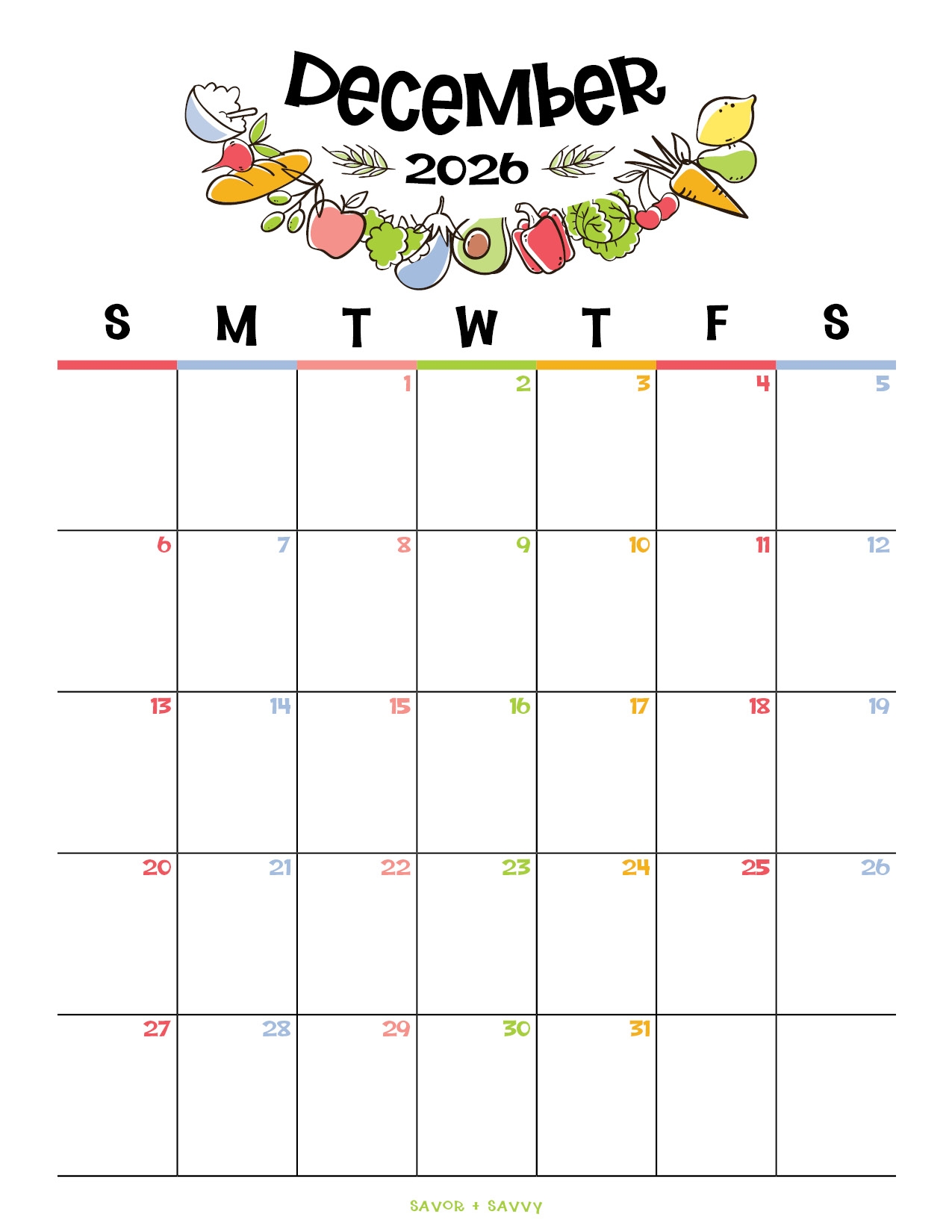 December 2026 Calendar Templates 14 Free Printables Savor Savvy