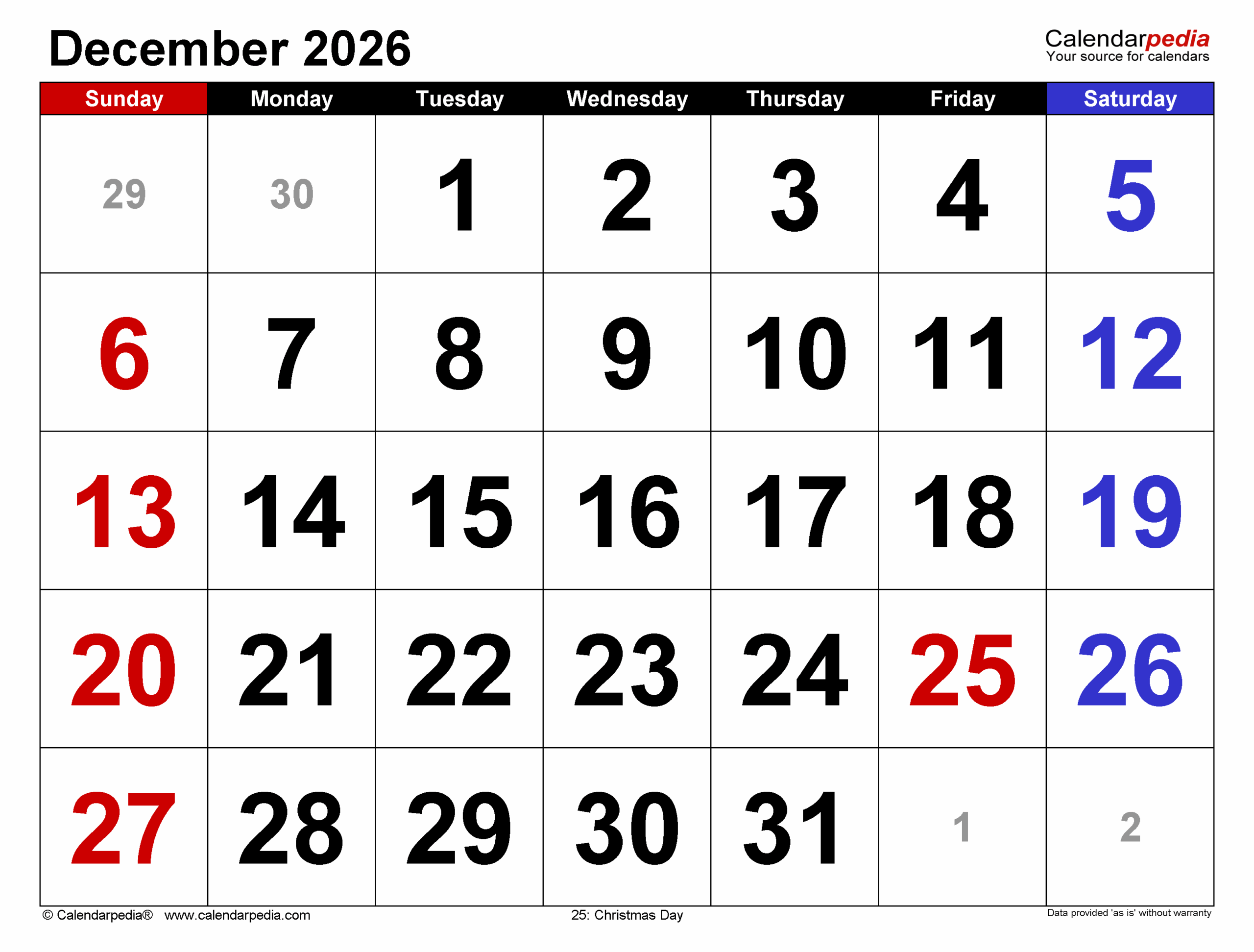 Simple Printable December 2026 Calendar