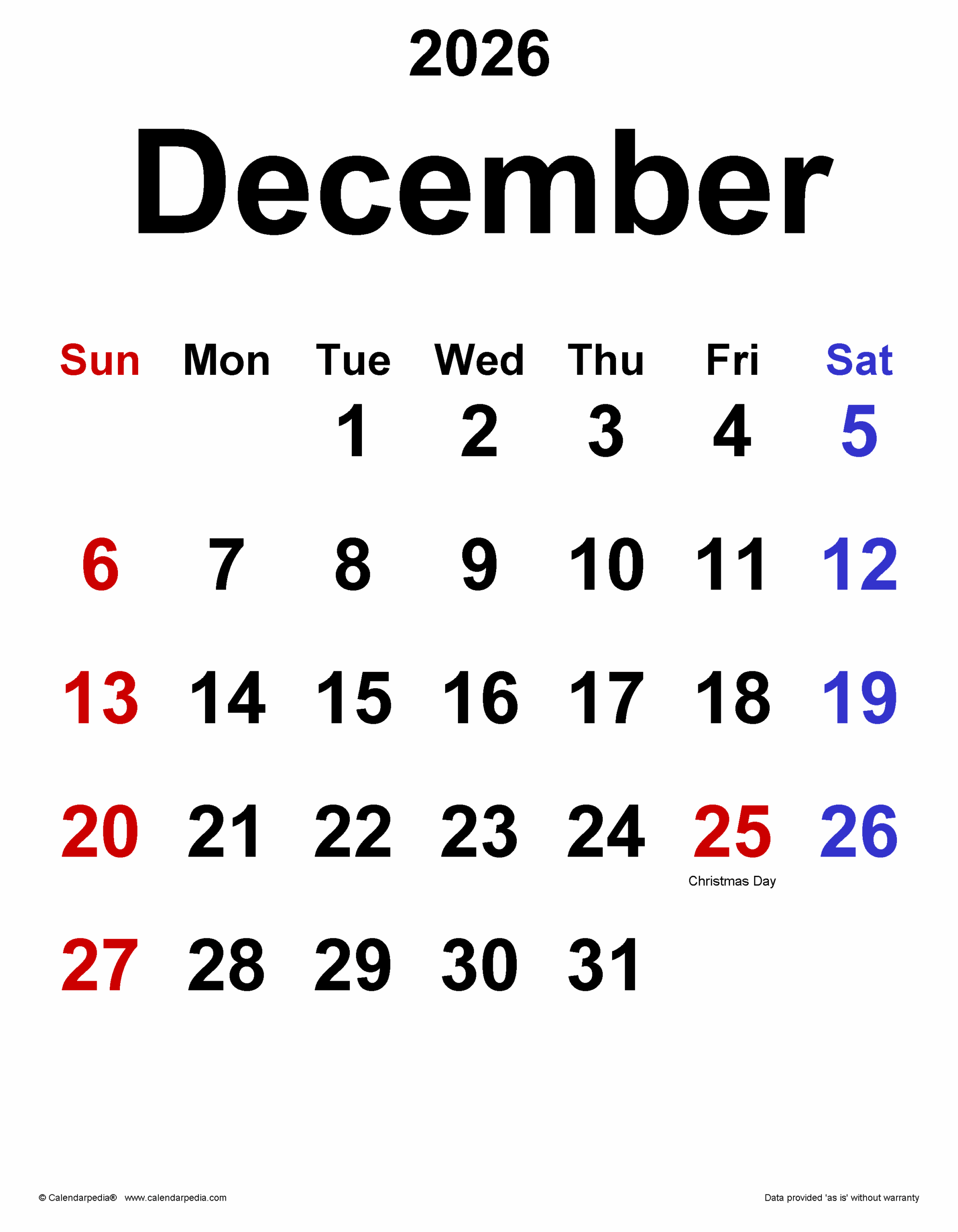 December 2026 Calendar Printable Design