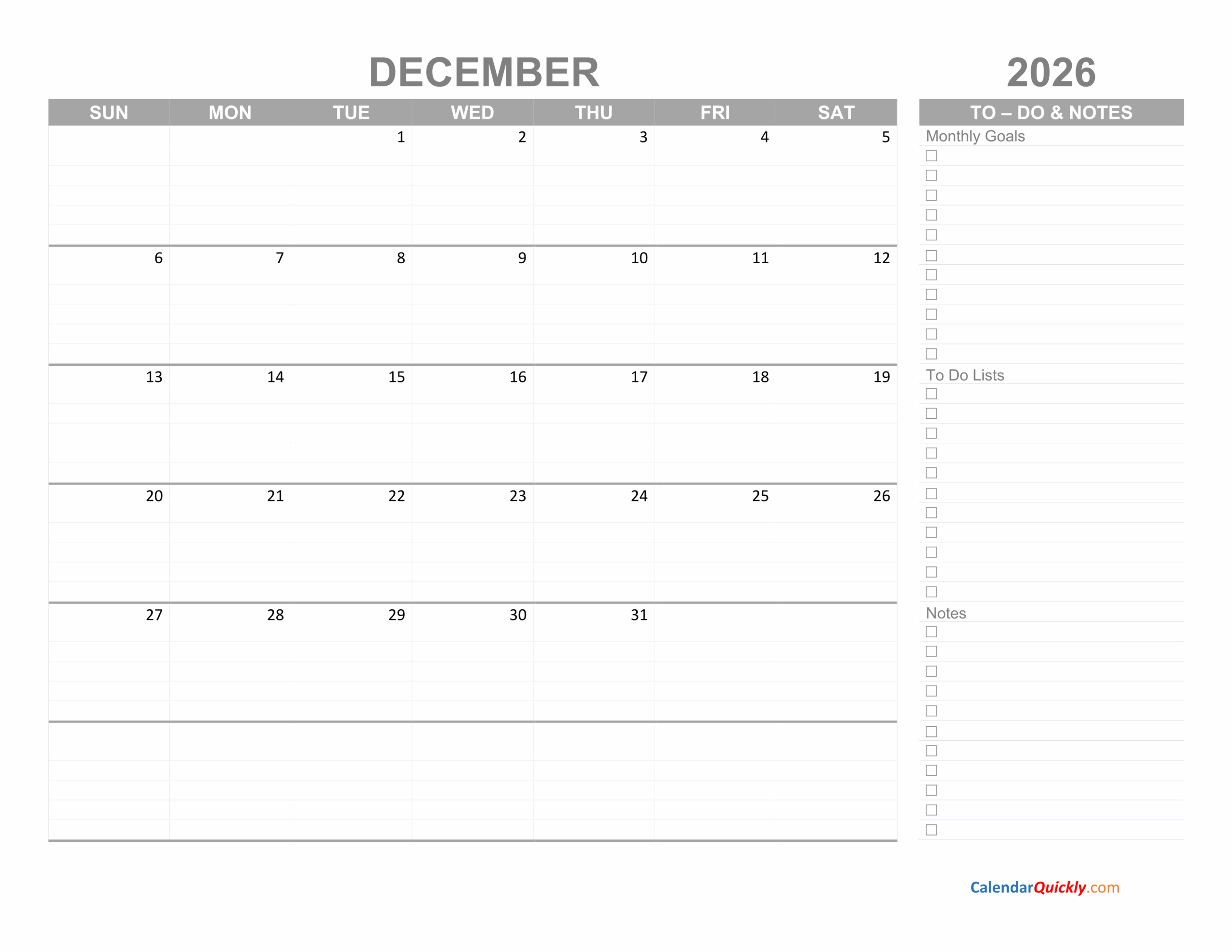 December 2026 Calendar Printable With Lines