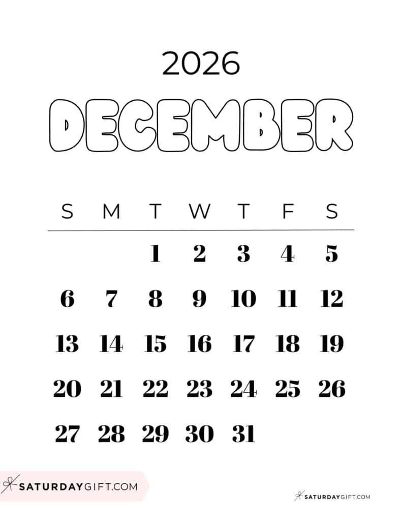 December 2026 Calendars 23 Cute Free Printable PDFs By SaturdayGift December 2026 Calendars 23 Cute Free Printable PDFs By SaturdayGift