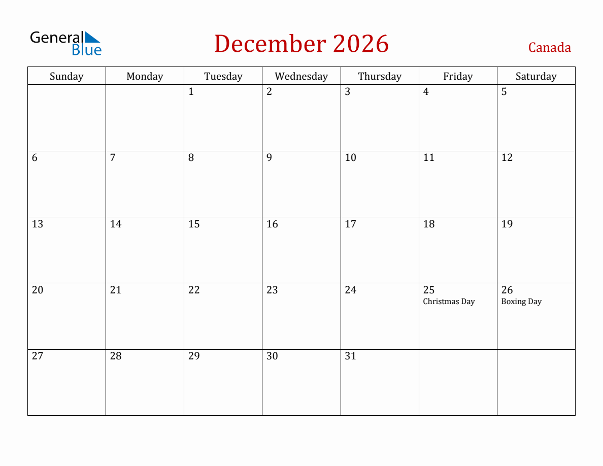 December 2026 Canada Monthly Calendar With Holidays