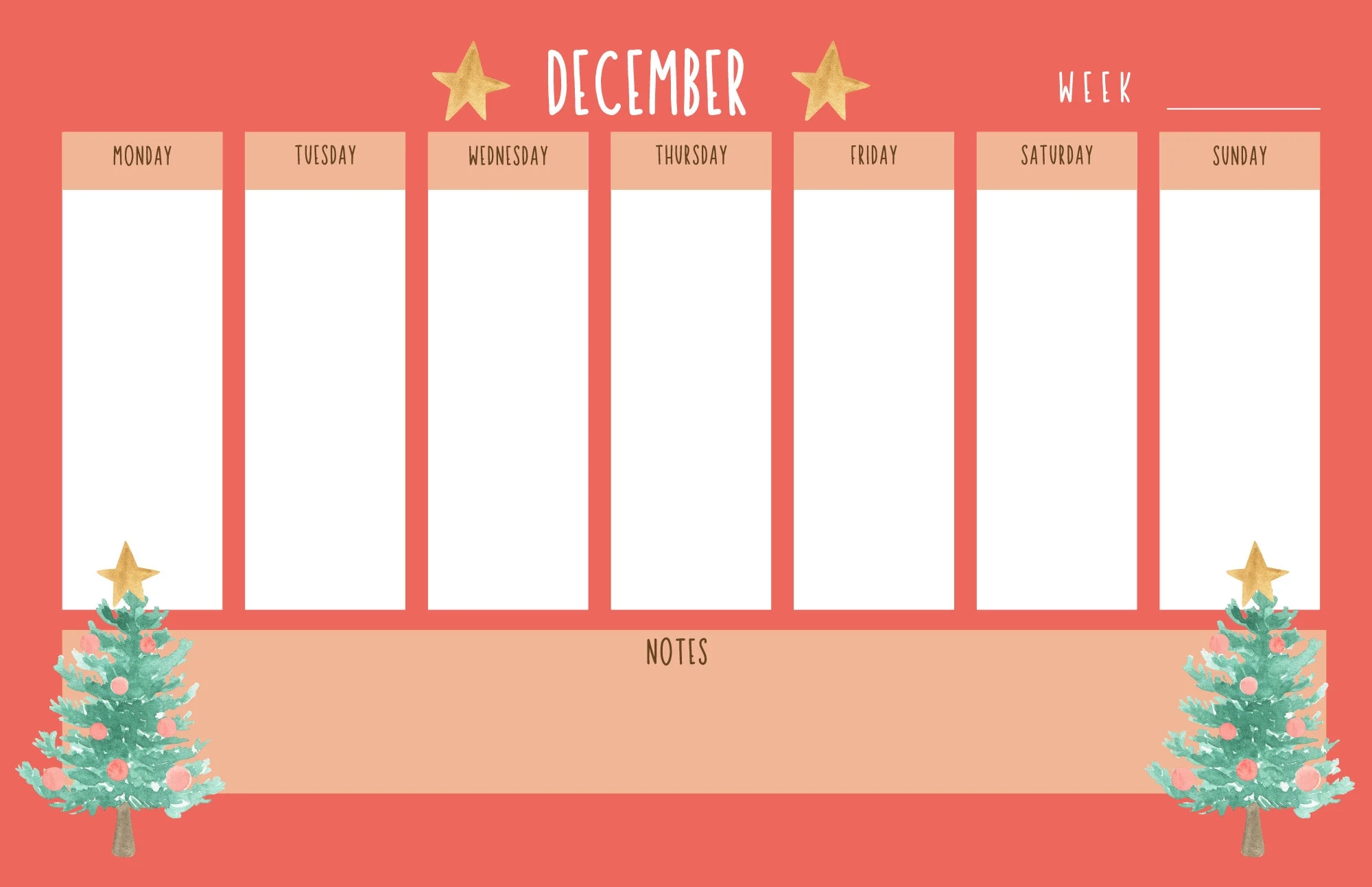 December Blank Weekly Calendar Christmas Trees Weekly Planner 