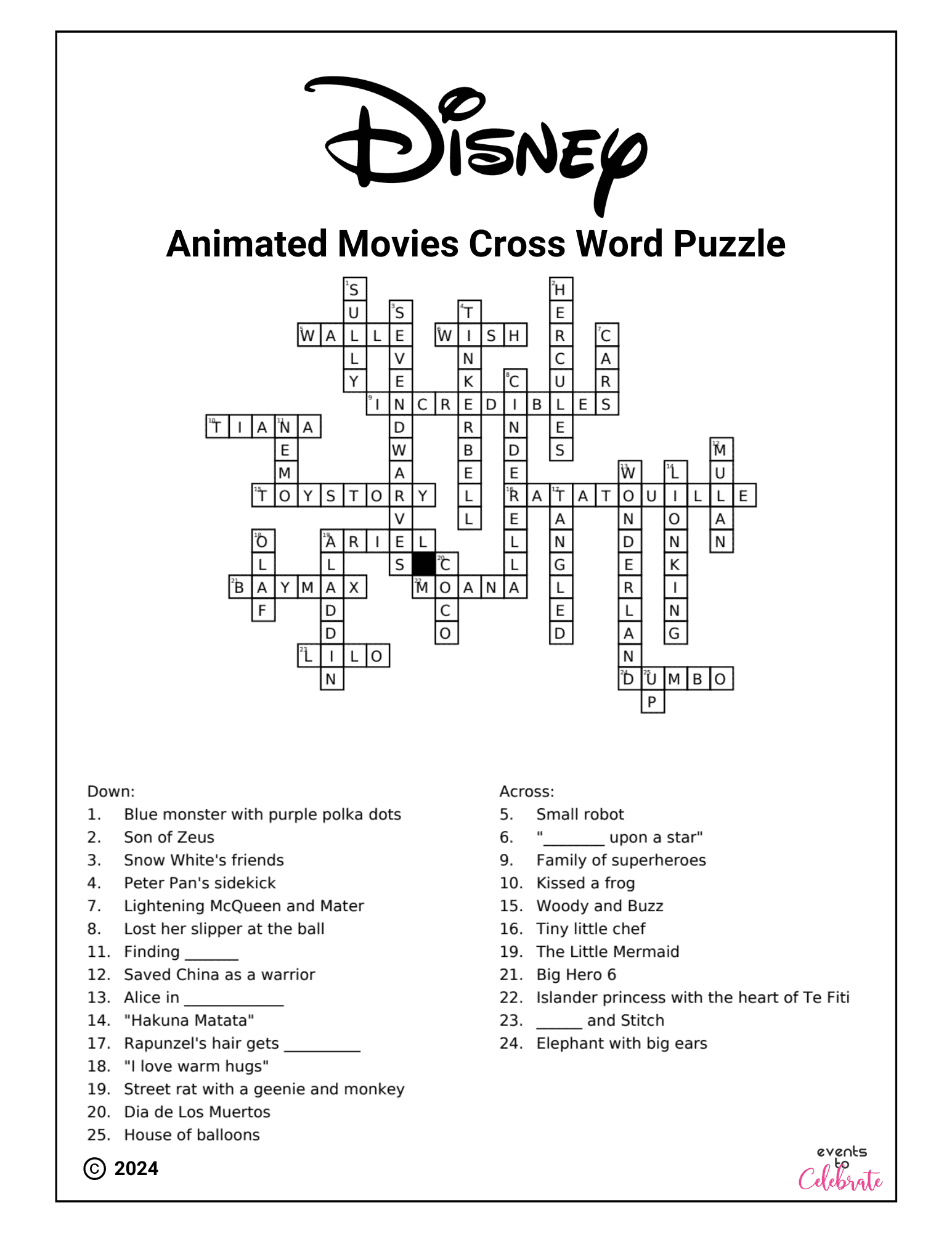 Printable Disney Themed Crossword Puzzles
