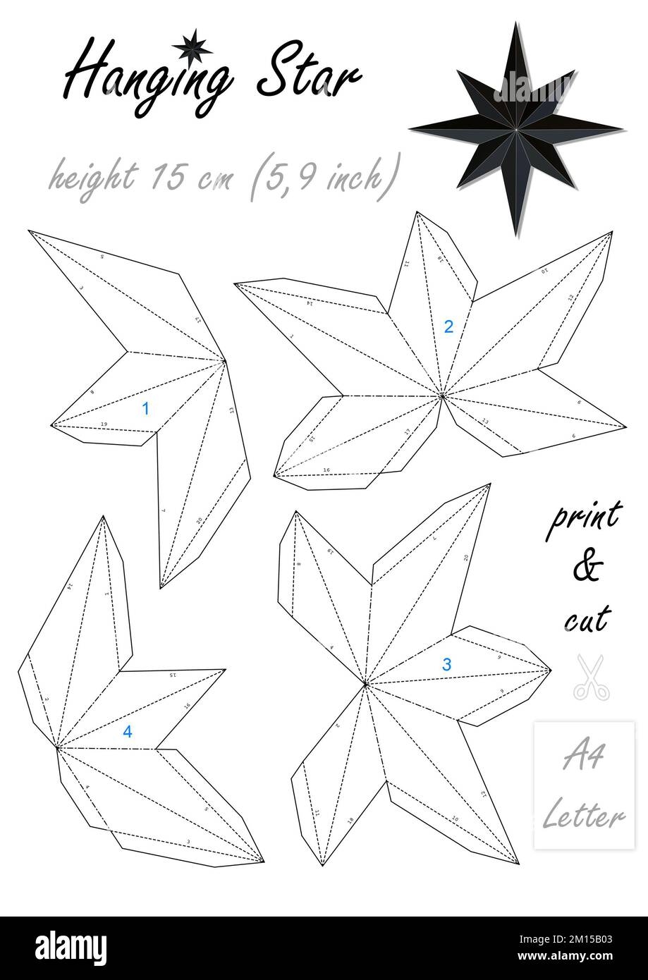 DIY 3D Paper Eight pointed Hanging Star Print Cut And Glue 
